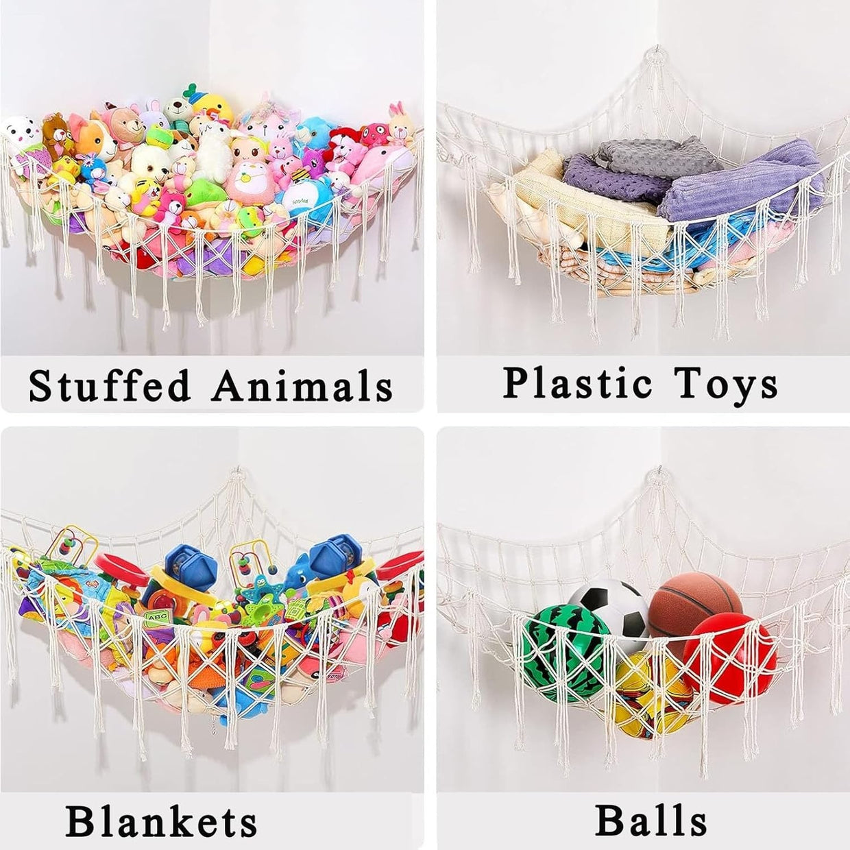Macrame Toy Hammock with Hooks – Boho Plush Animal Storage Net for Kids Room - Kwikley