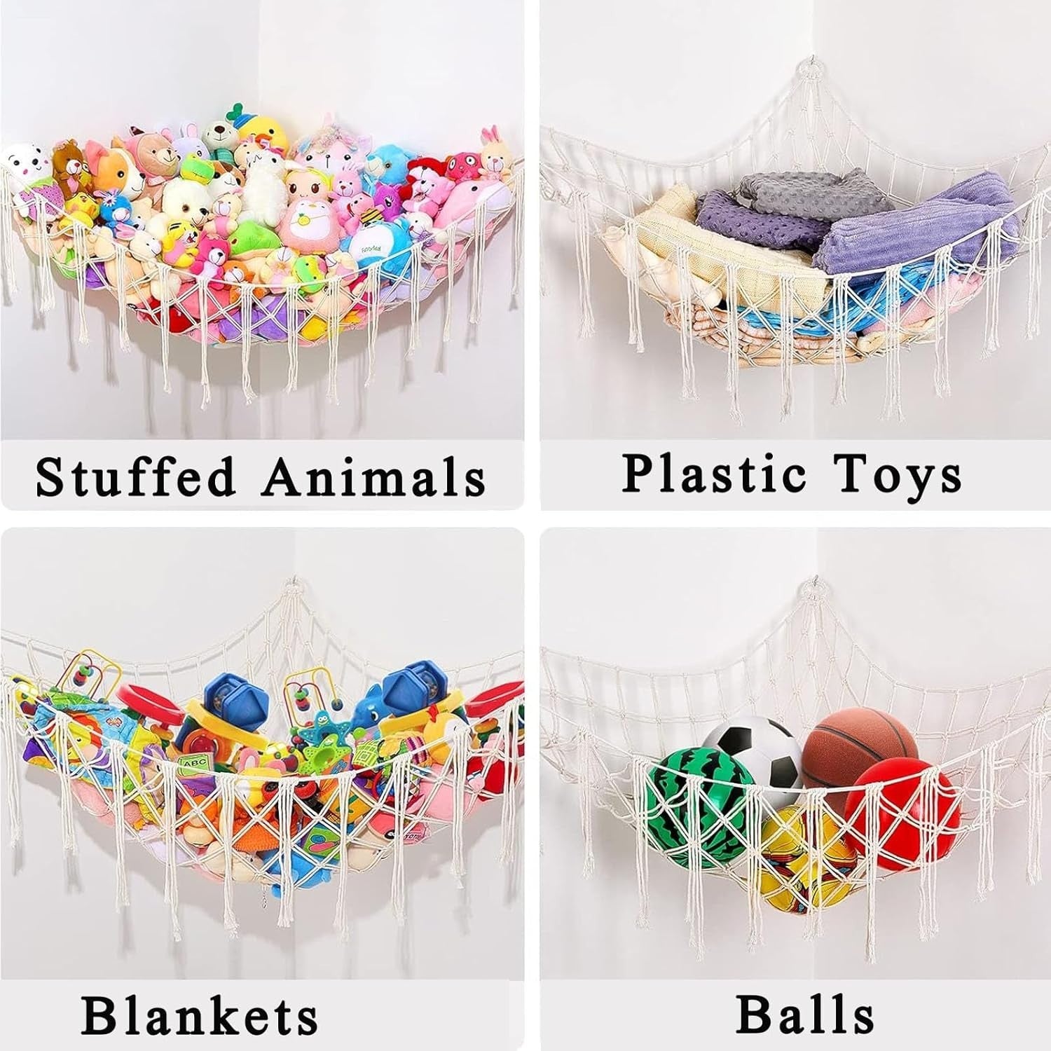 Macrame Toy Hammock with Hooks – Boho Plush Animal Storage Net for Kids Room - Kwikley