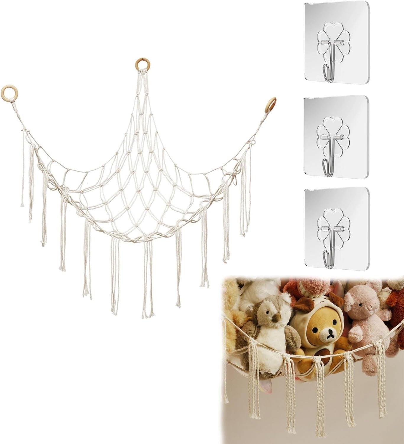 Macrame Toy Hammock with Hooks – Boho Plush Animal Storage Net for Kids Room - Kwikley