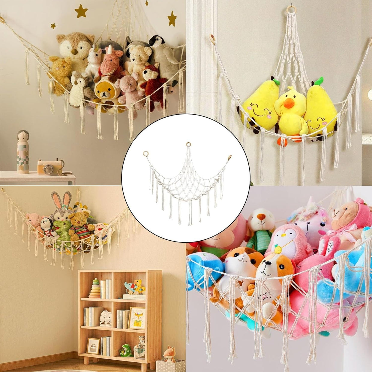 Macrame Toy Hammock with Hooks – Boho Plush Animal Storage Net for Kids Room - Kwikley