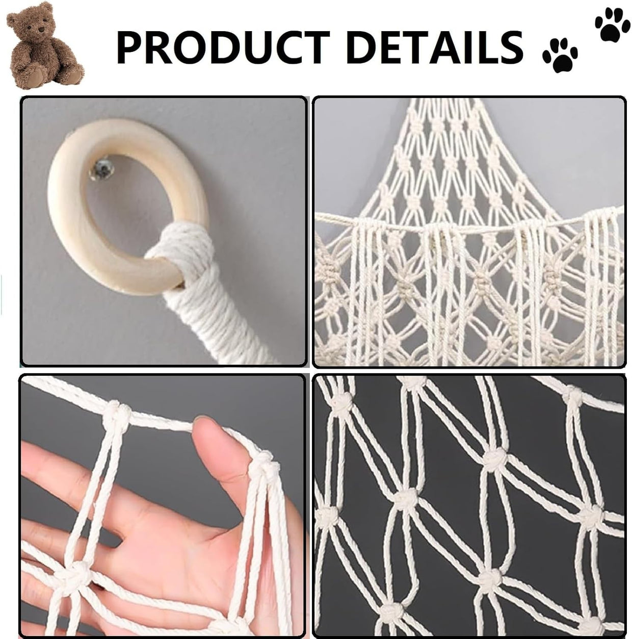 Macrame Toy Hammock with Hooks – Large Corner Plush Animal Storage Net Kids - Kwikley