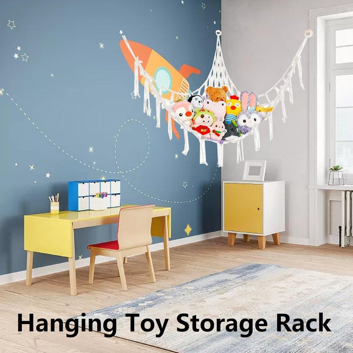Macrame Toy Hammock with Hooks – Large Corner Plush Animal Storage Net Kids - Kwikley