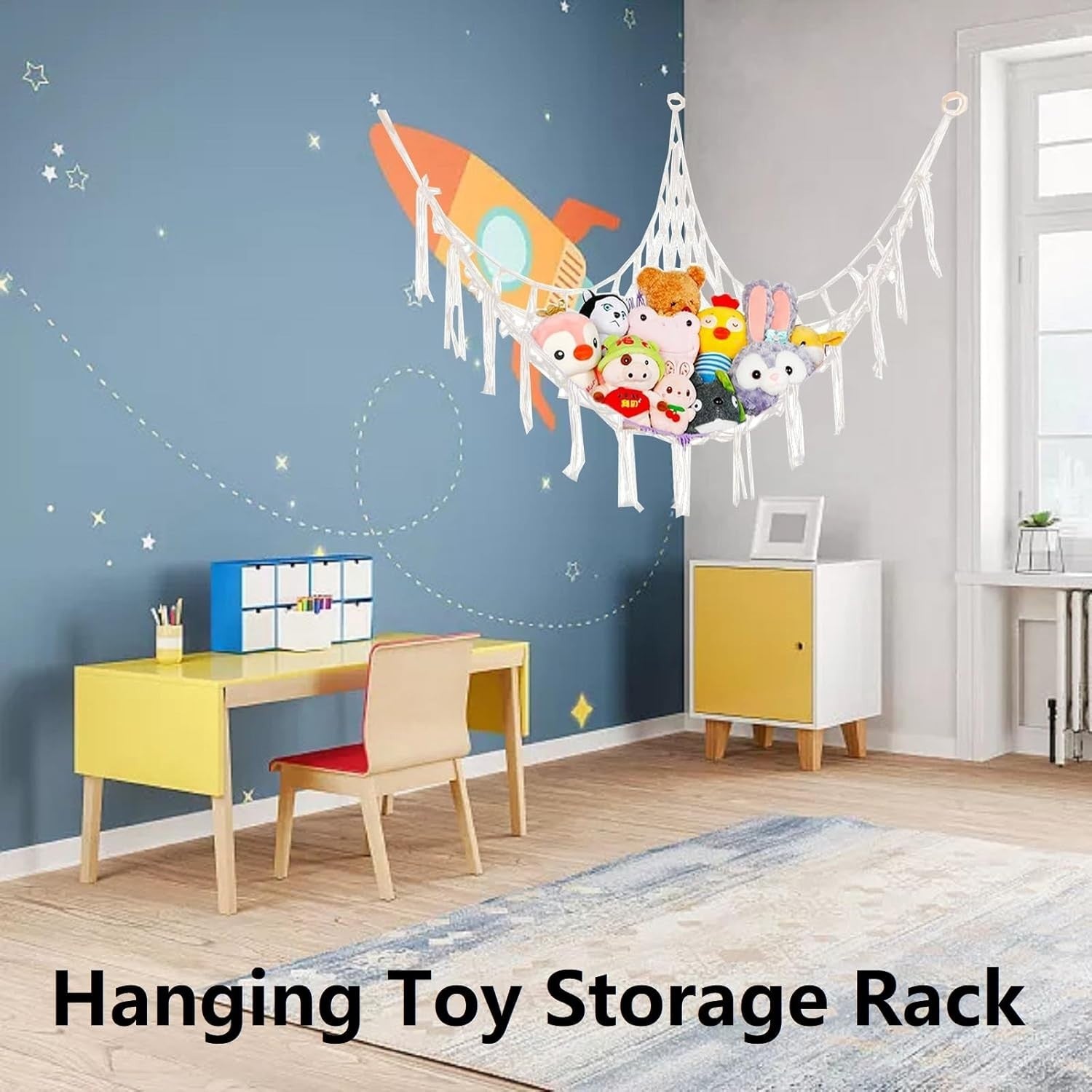 Macrame Toy Hammock with Hooks – Large Corner Plush Animal Storage Net Kids - Kwikley