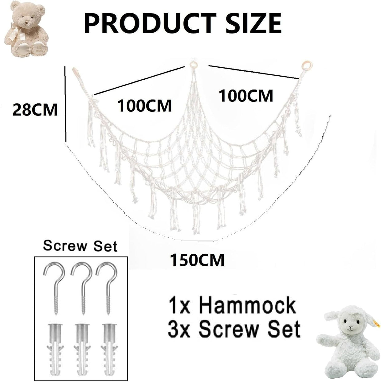 Macrame Toy Hammock with Hooks – Large Corner Plush Animal Storage Net Kids - Kwikley