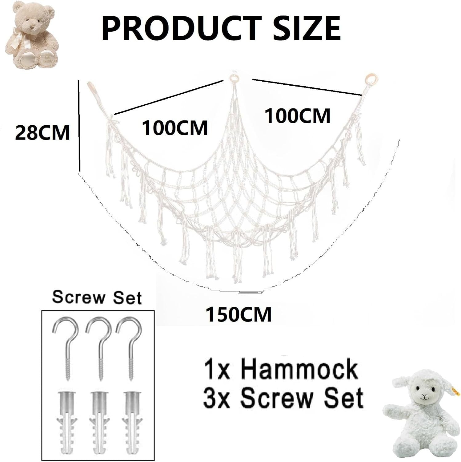 Macrame Toy Hammock with Hooks – Large Corner Plush Animal Storage Net Kids - Kwikley