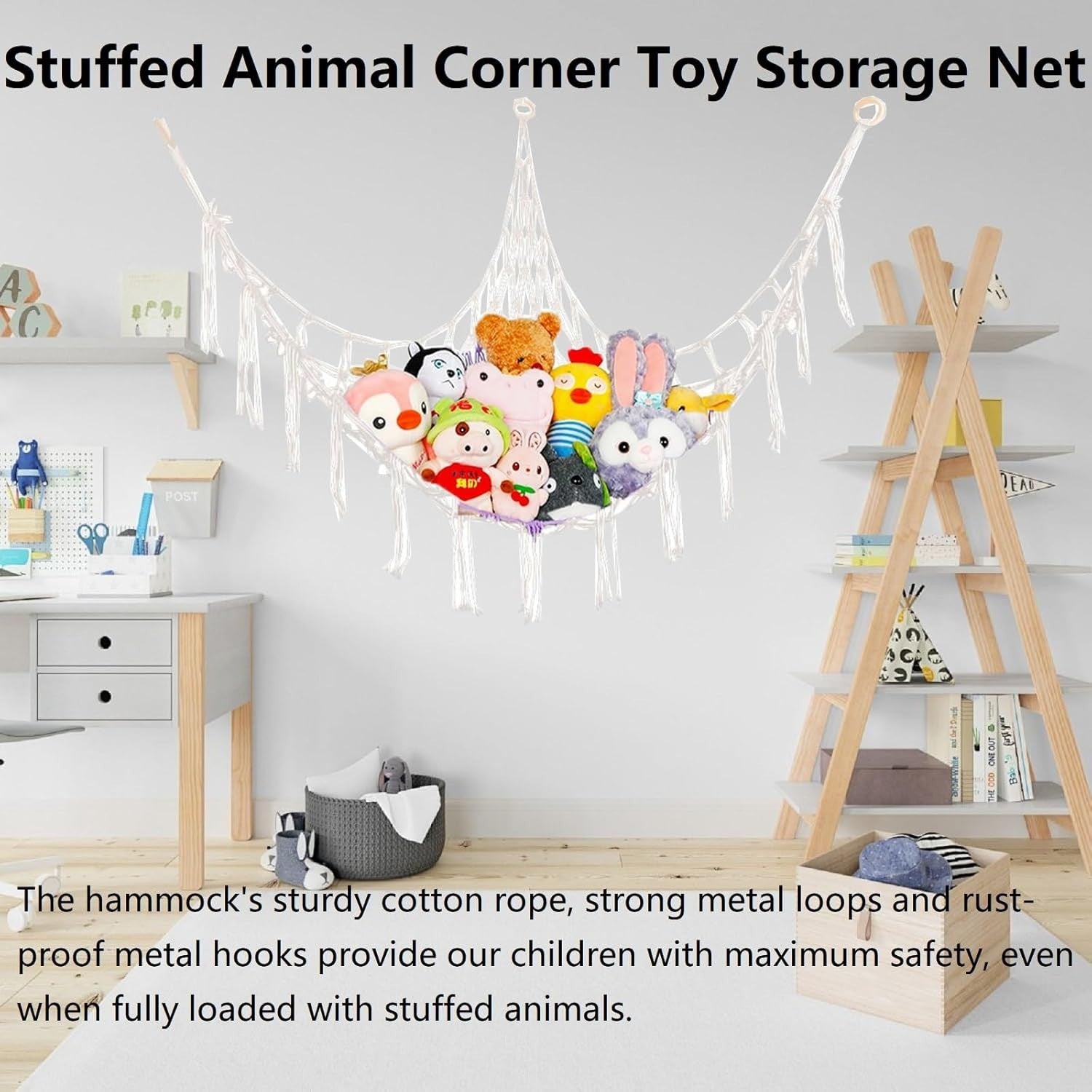 Macrame Toy Hammock with Hooks – Large Corner Plush Animal Storage Net Kids - Kwikley