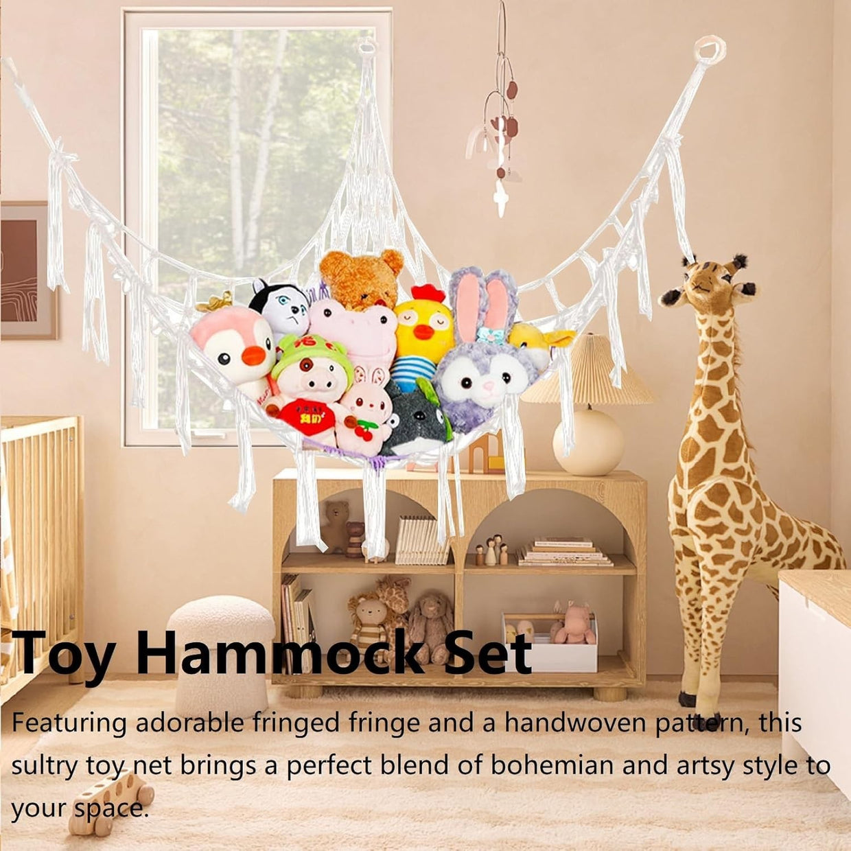 Macrame Toy Hammock with Hooks – Large Corner Plush Animal Storage Net Kids - Kwikley