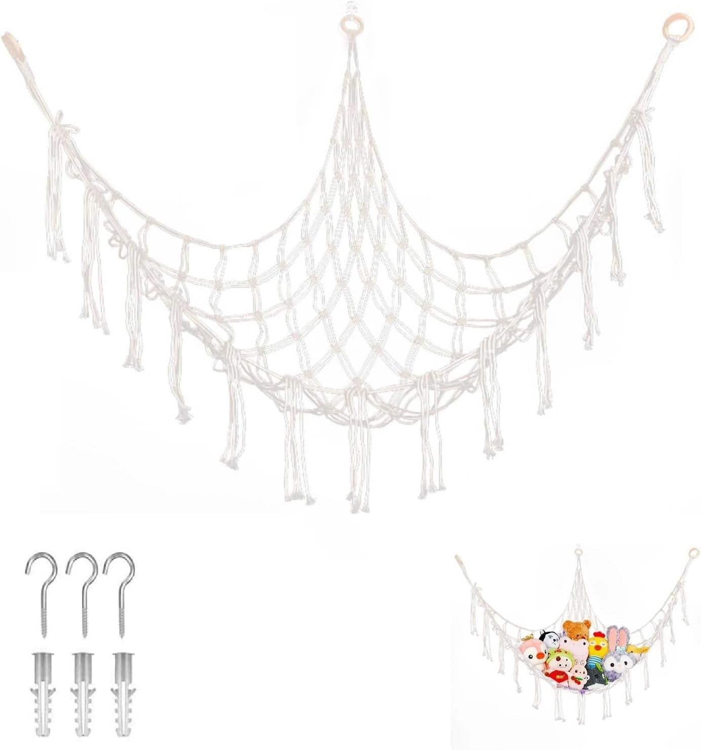 Macrame Toy Hammock with Hooks – Large Corner Plush Animal Storage Net Kids - Kwikley
