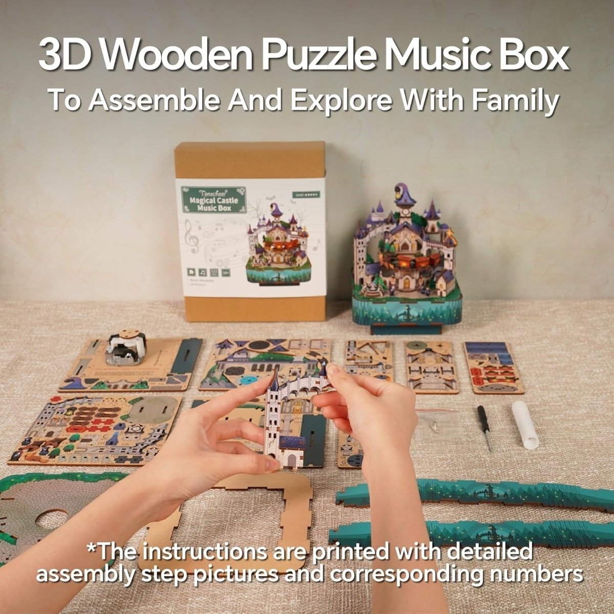 Magical Castle Music Box 3D Wooden Puzzle DIY Rotating Model Gift - Kwikley