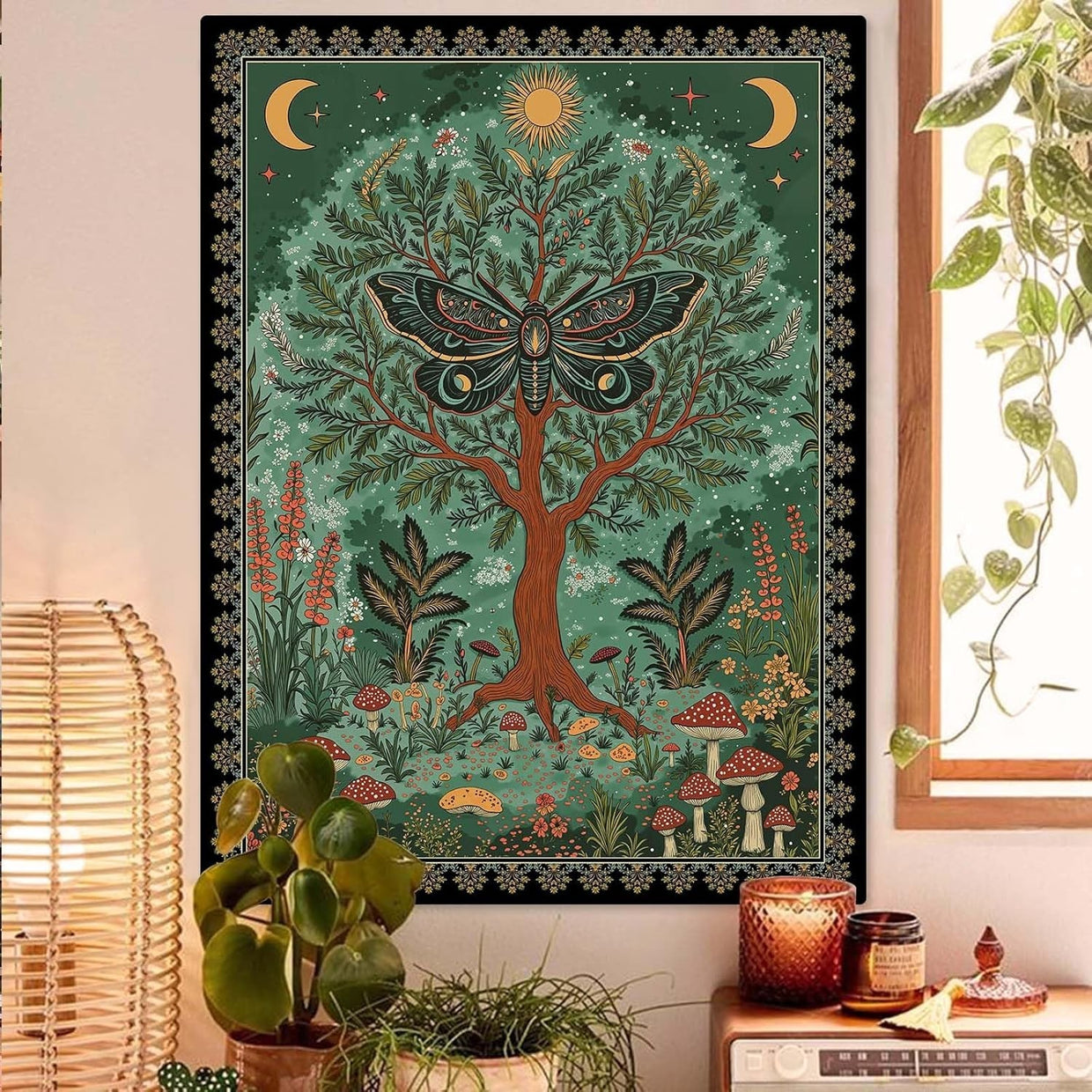 Magical Forest Tree of Life Tapestry Celestial Moth Boho 44x60 - Kwikley