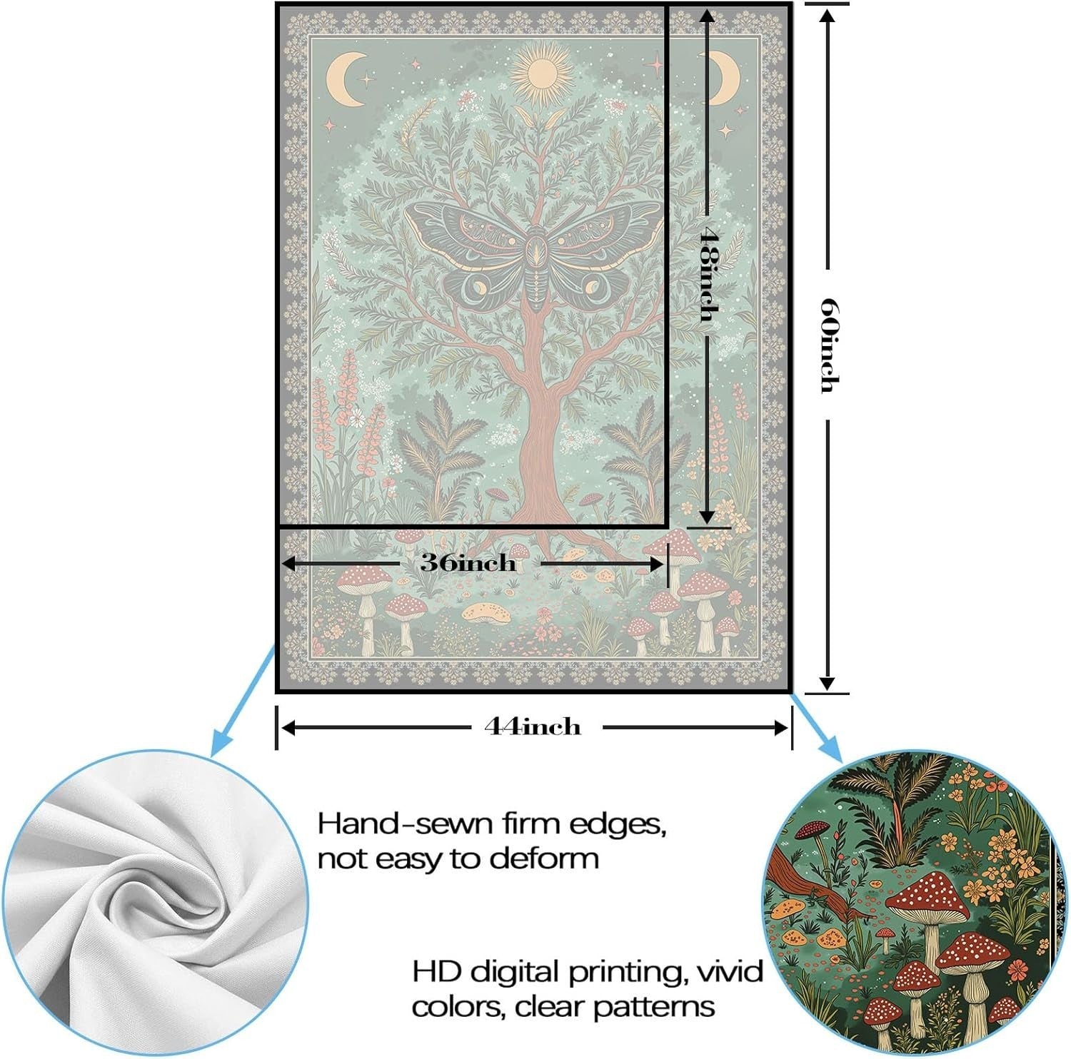 Magical Forest Tree of Life Tapestry Celestial Moth Boho 44x60 - Kwikley