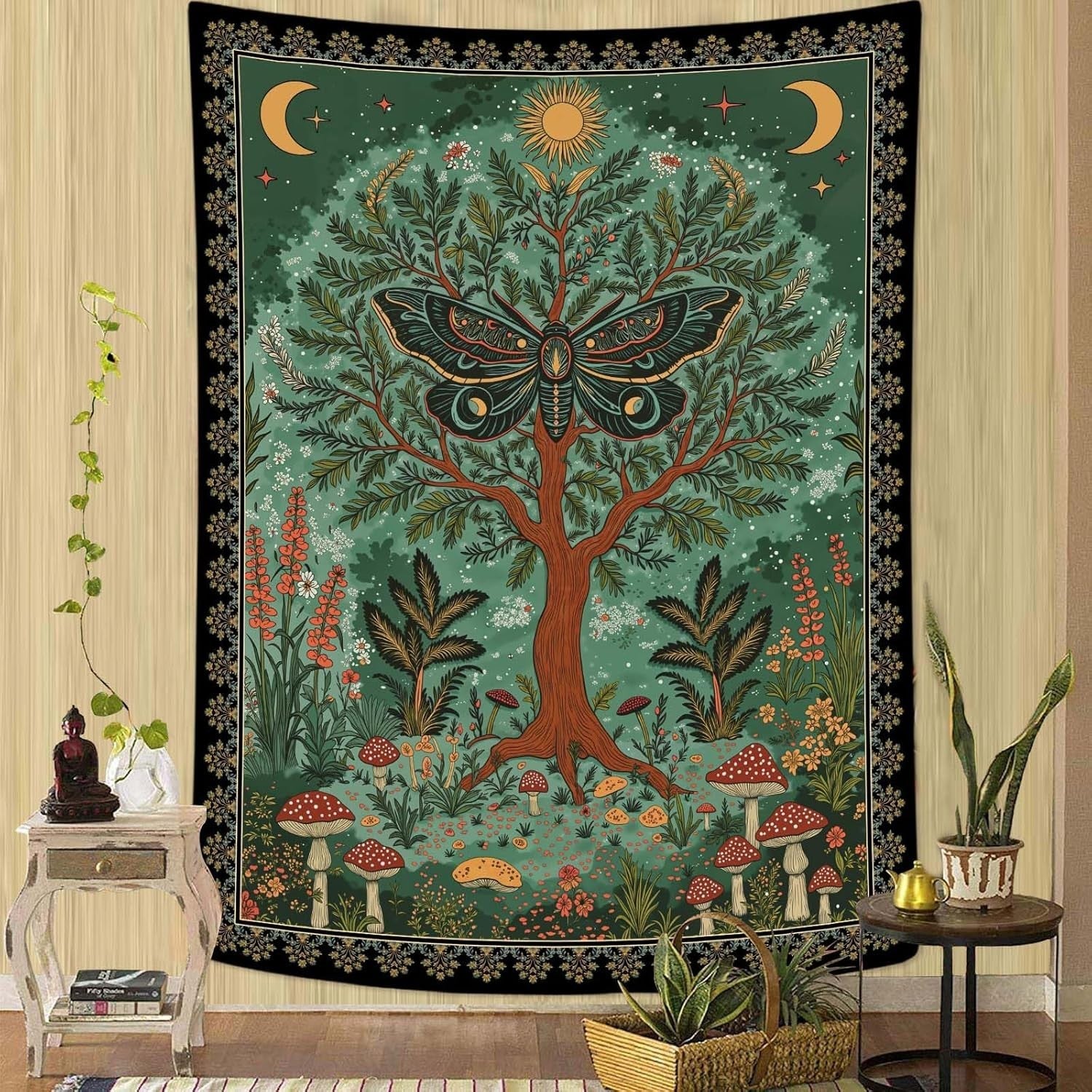 Magical Forest Tree of Life Tapestry Celestial Moth Boho 44x60 - Kwikley