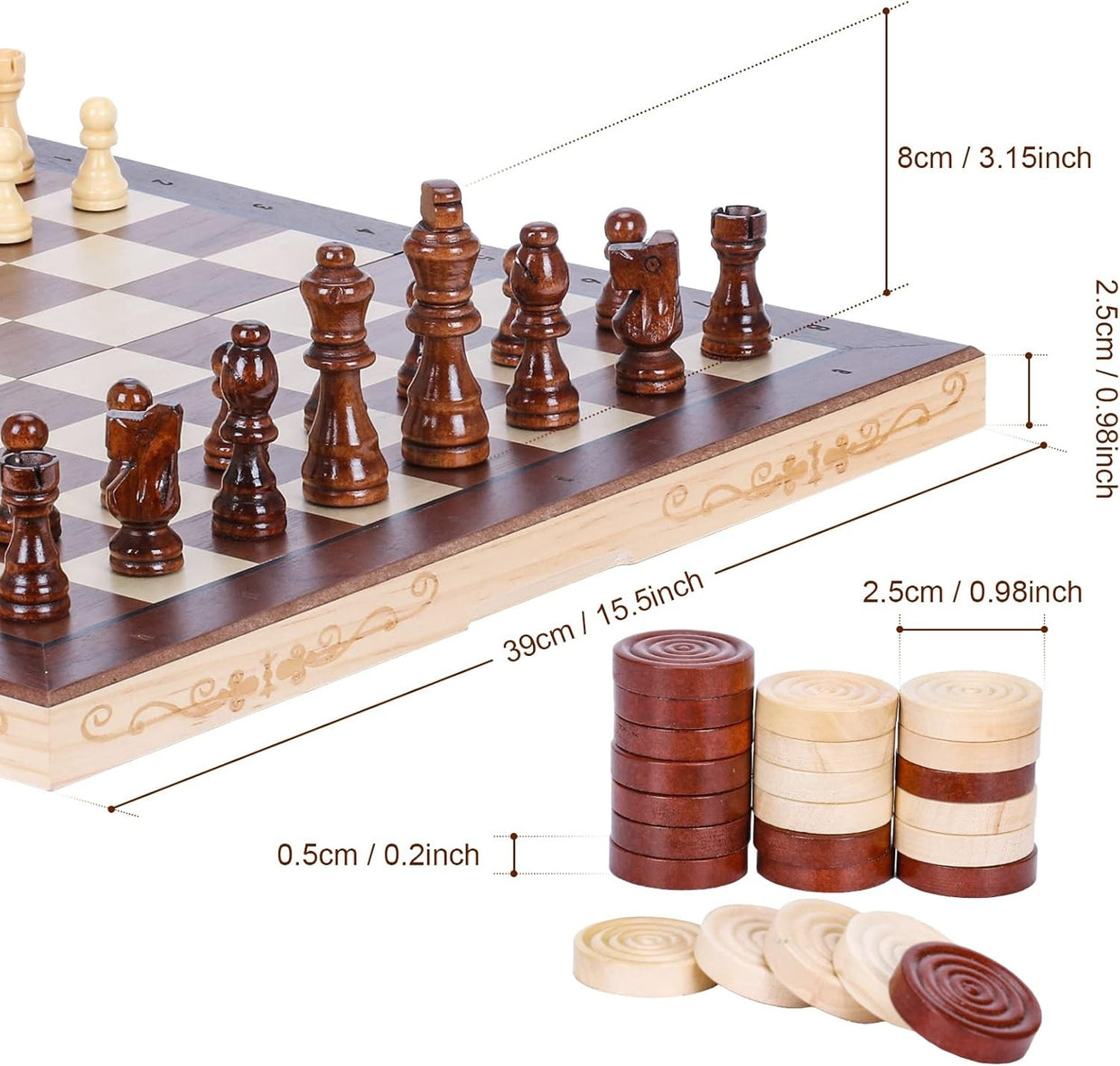 Magnetic 15.7" Wooden Chess & Checkers Set Folding Board with Storage Slots - Kwikley