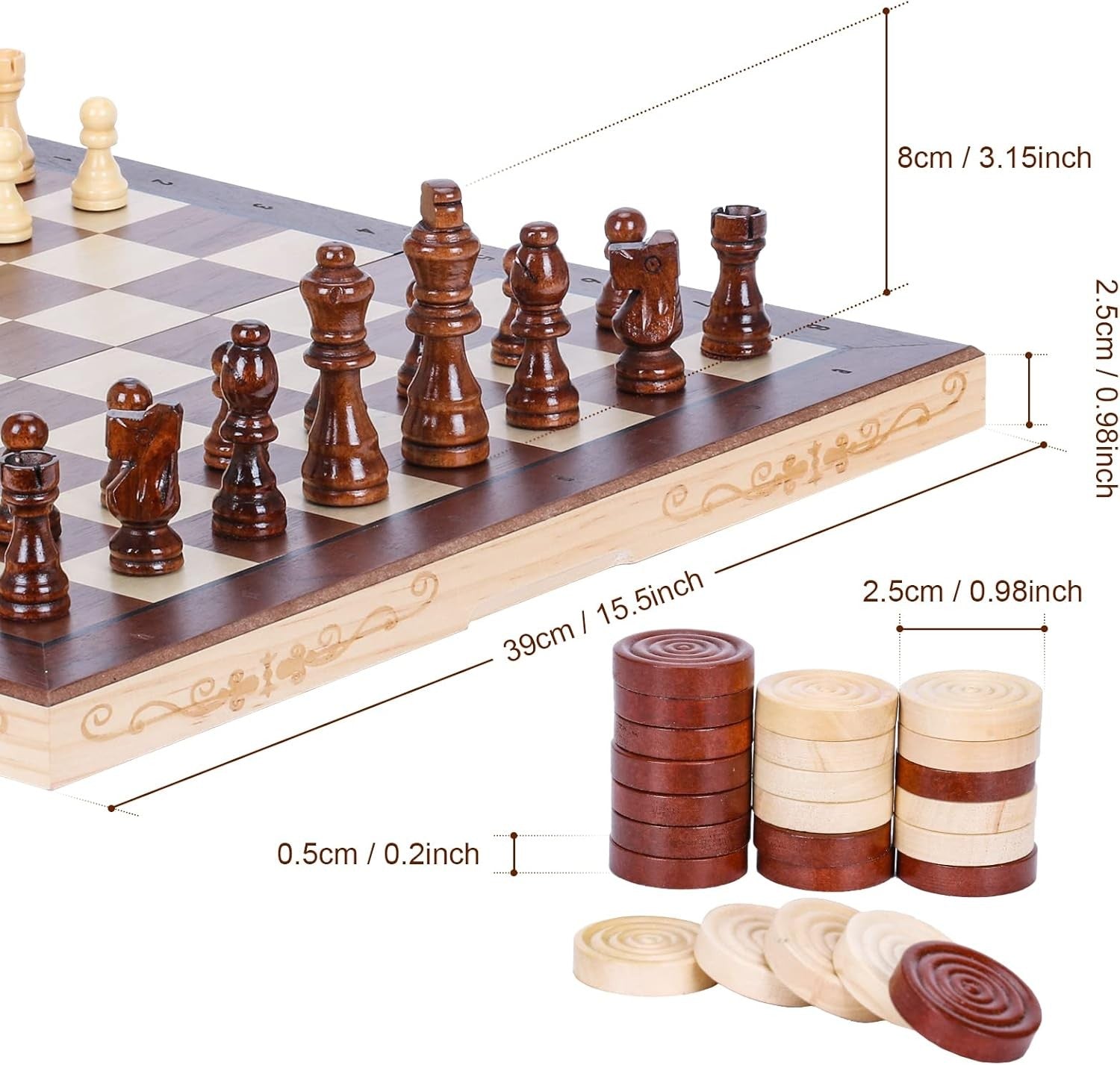 Magnetic 15.7" Wooden Chess & Checkers Set Folding Board with Storage Slots - Kwikley