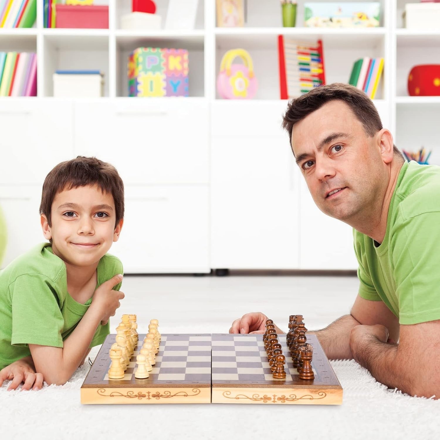Magnetic 15.7" Wooden Chess & Checkers Set Folding Board with Storage Slots - Kwikley