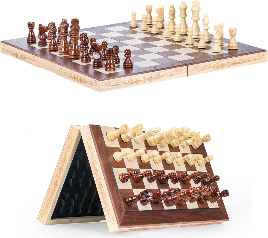 Magnetic 15.7" Wooden Chess & Checkers Set Folding Board with Storage Slots - Kwikley