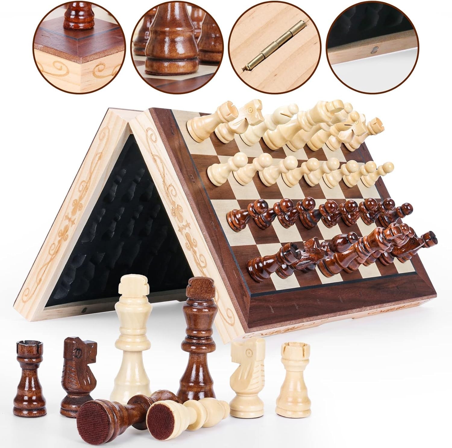 Magnetic 15.7" Wooden Chess & Checkers Set Folding Board with Storage Slots - Kwikley