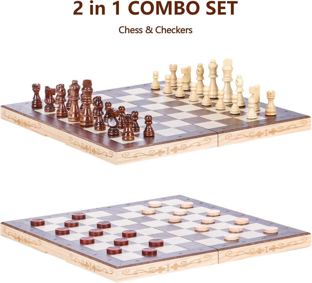 Magnetic 15.7" Wooden Chess & Checkers Set Folding Board with Storage Slots - Kwikley