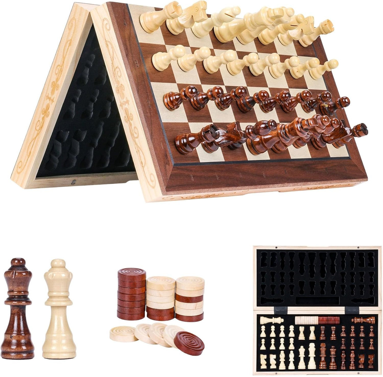 Magnetic 15.7" Wooden Chess & Checkers Set Folding Board with Storage Slots - Kwikley