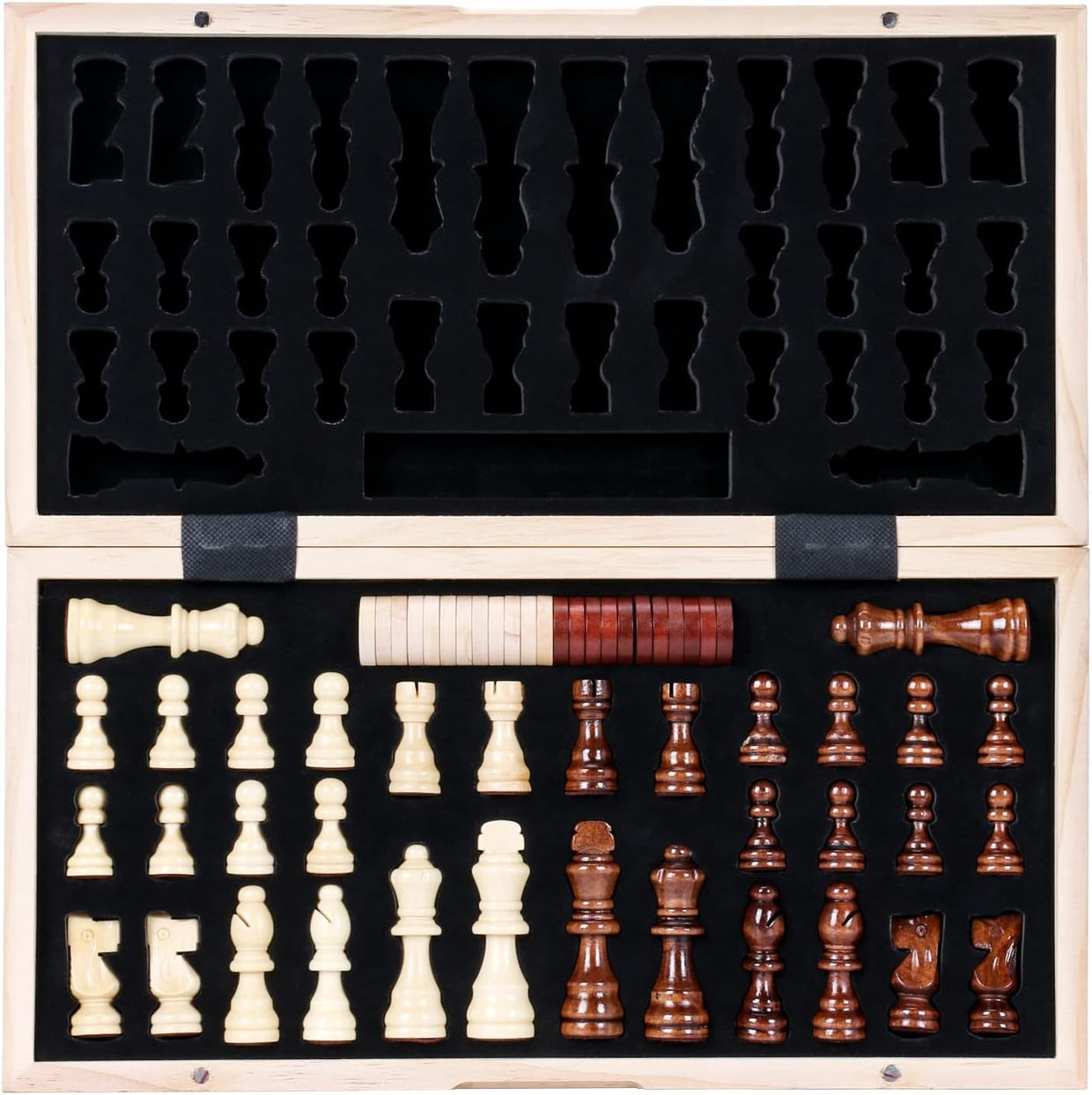 Magnetic 15.7" Wooden Chess & Checkers Set Folding Board with Storage Slots - Kwikley