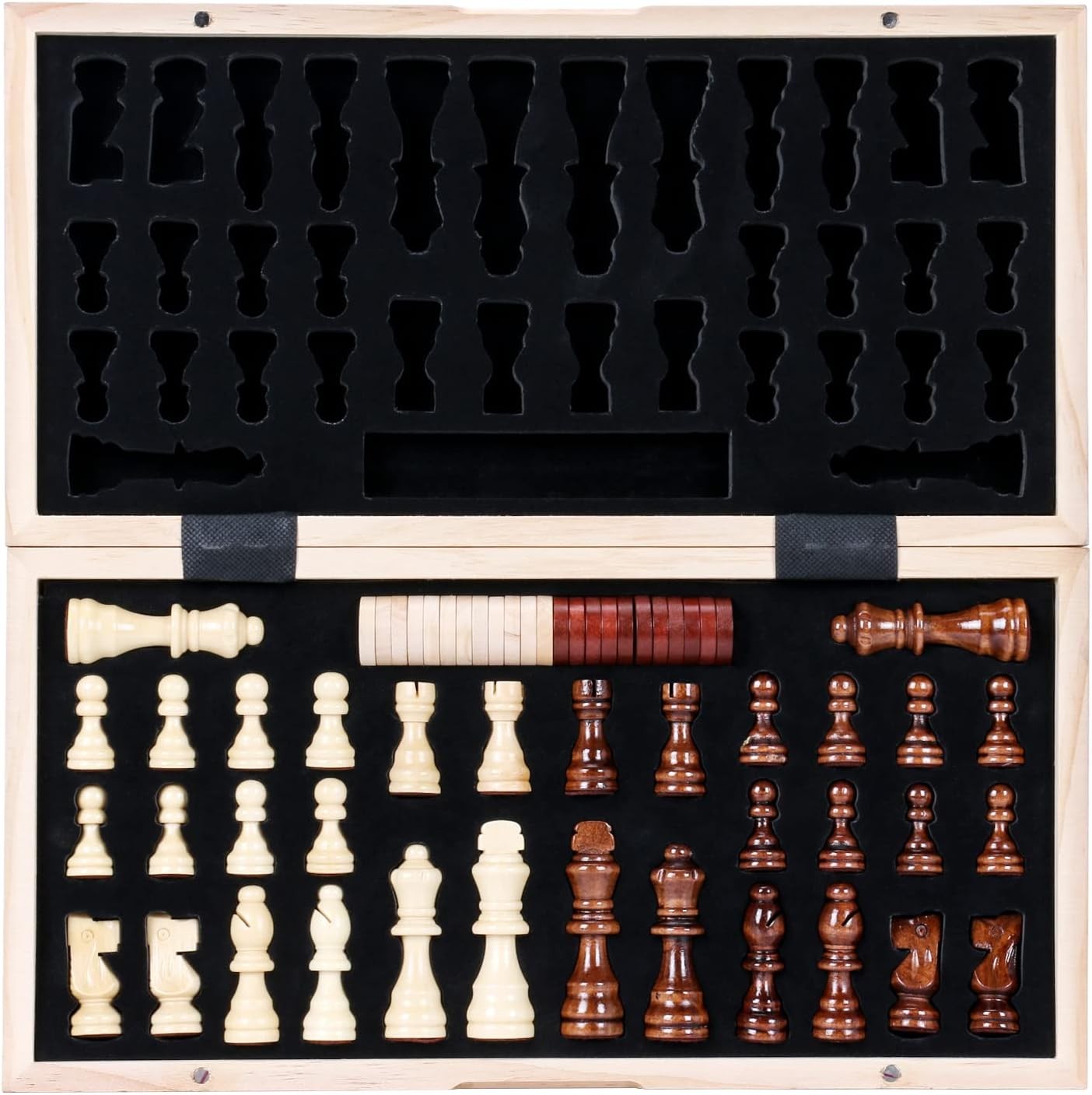 Magnetic 15.7" Wooden Chess & Checkers Set Folding Board with Storage Slots - Kwikley