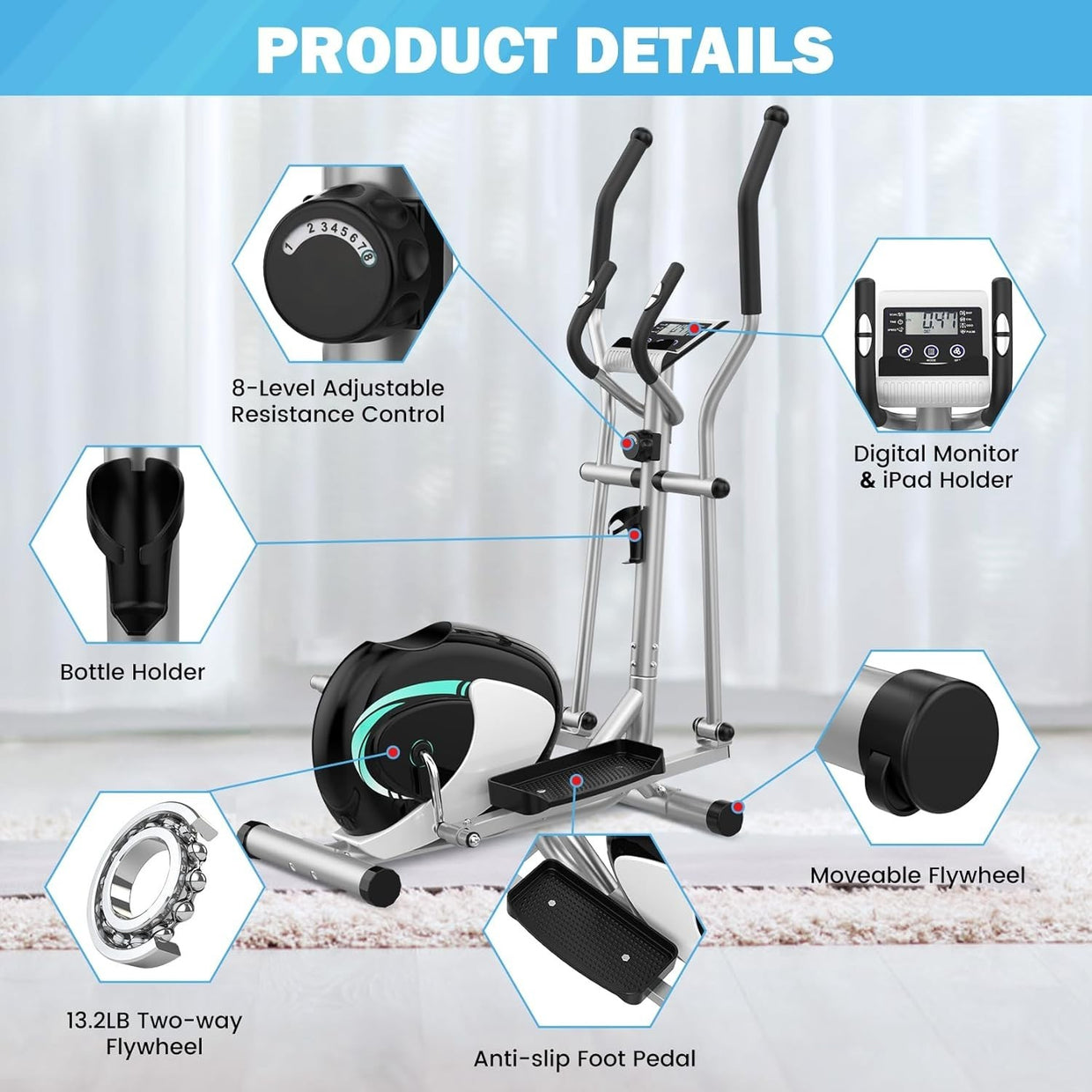 Magnetic Elliptical Cross Trainer 8 - Level Resistance Home Gym - Kwikley