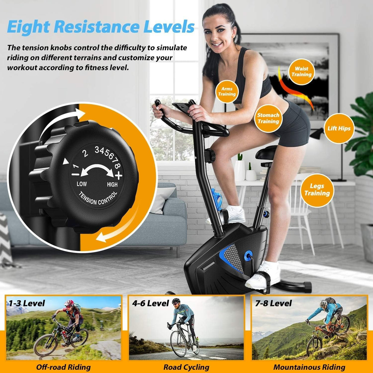 Magnetic Exercise Bike for Home w/ LCD Monitor, 8 Levels & Full - Body Handrails - Kwikley