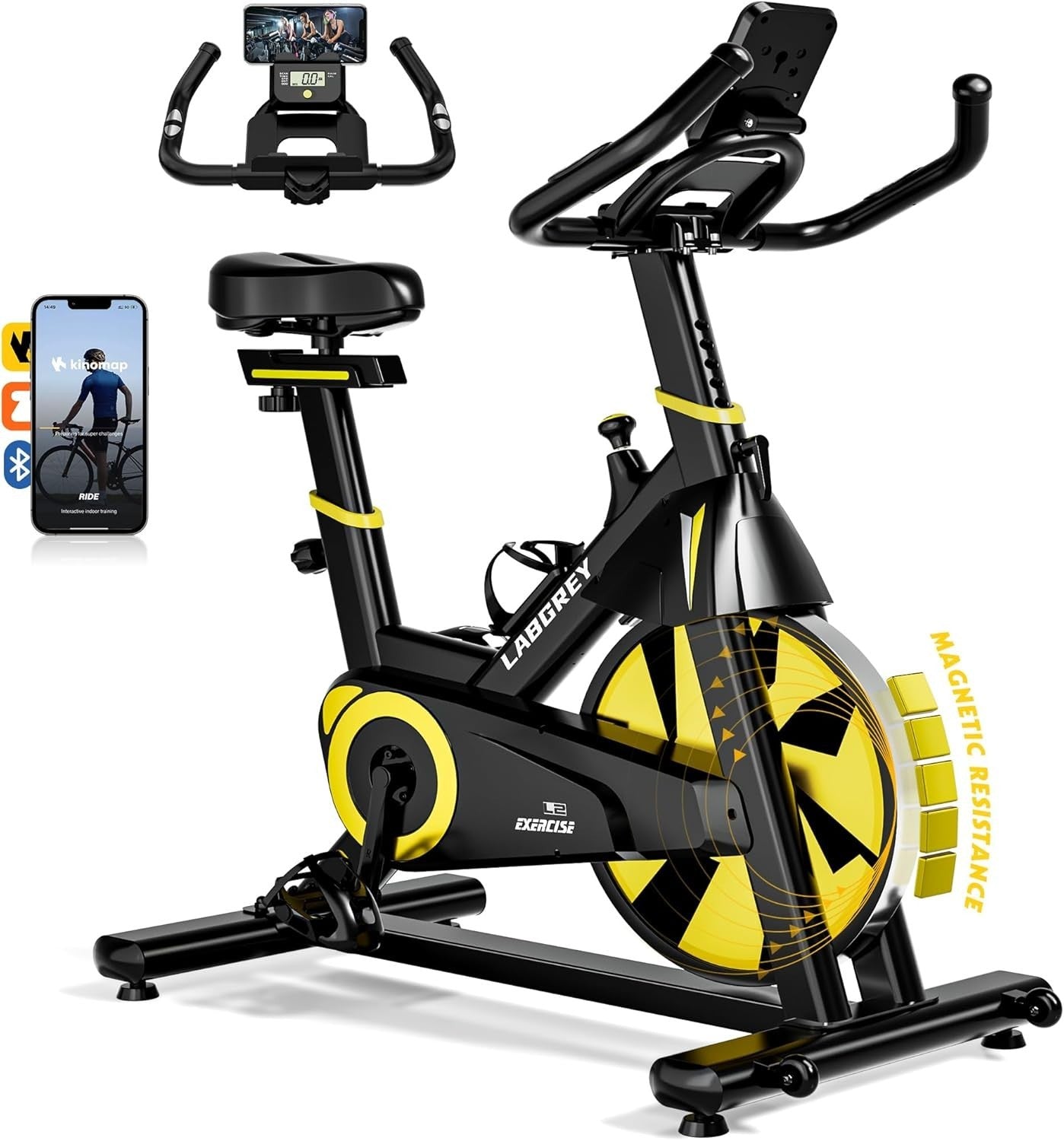 Magnetic Indoor Cycling Bike Quiet 35lb Flywheel App Compatible LCD Yellow - Kwikley