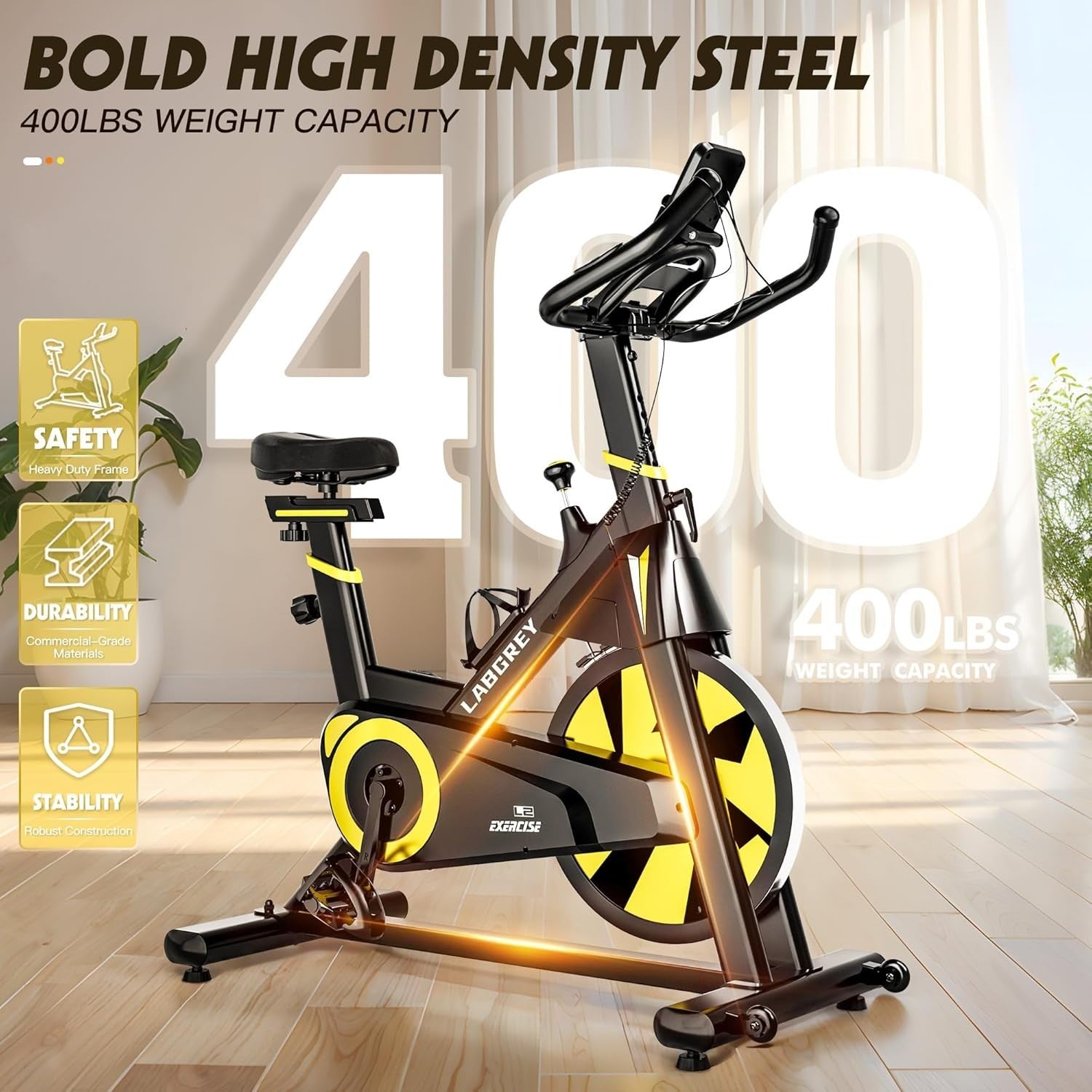 Magnetic Indoor Cycling Bike Quiet 35lb Flywheel App Compatible LCD Yellow - Kwikley