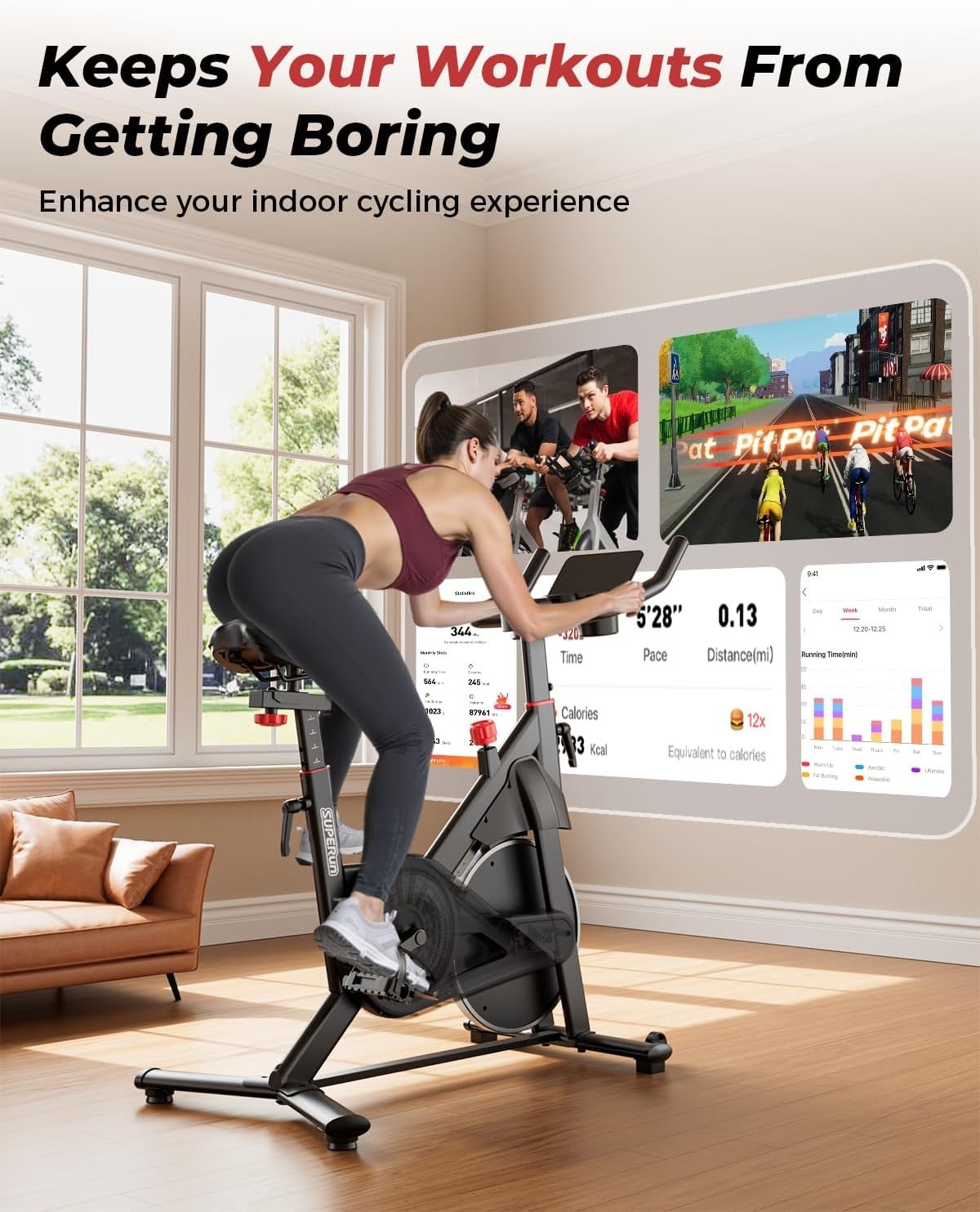 Magnetic Indoor Exercise Bike w/ LCD Monitor, APP Tracking & Adjustable Seat - Kwikley