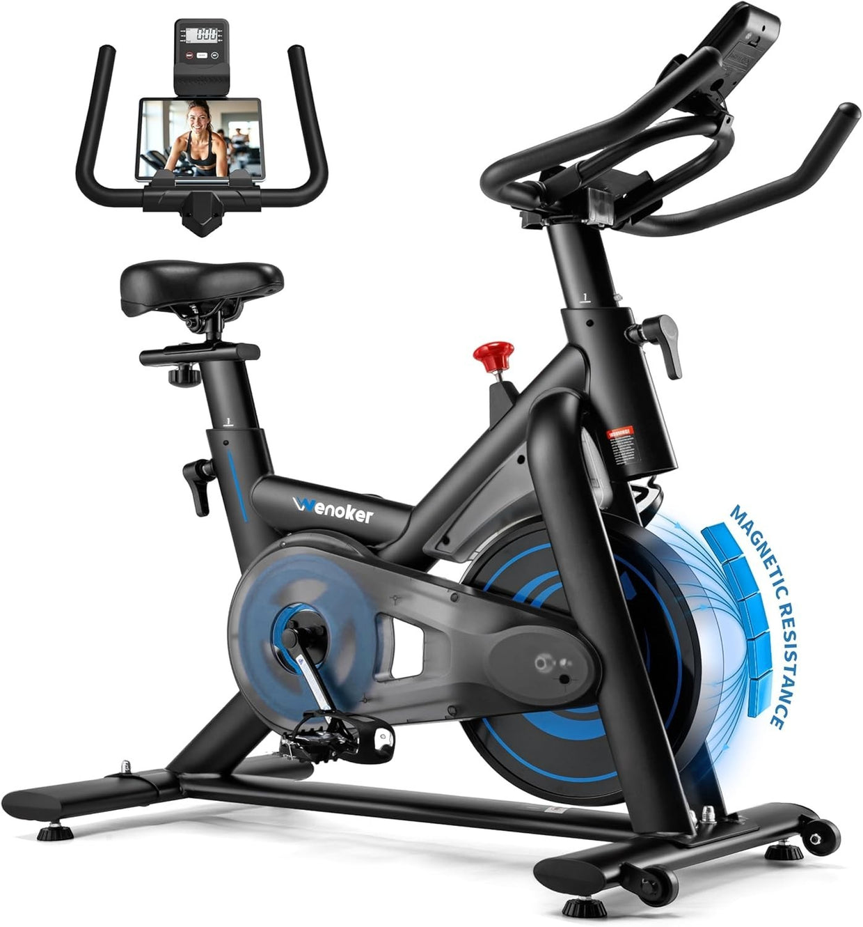 Magnetic Indoor Spin Bike w/ APP Sync, LCD Monitor, Silent Belt Drive 350lb Cap - Kwikley