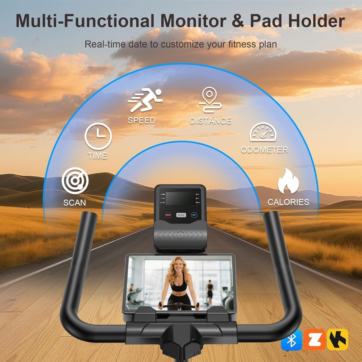 Magnetic Indoor Spin Bike w/ APP Sync, LCD Monitor, Silent Belt Drive 350lb Cap - Kwikley