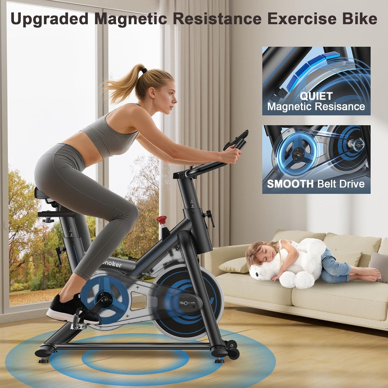 Magnetic Indoor Spin Bike w/ APP Sync, LCD Monitor, Silent Belt Drive 350lb Cap - Kwikley