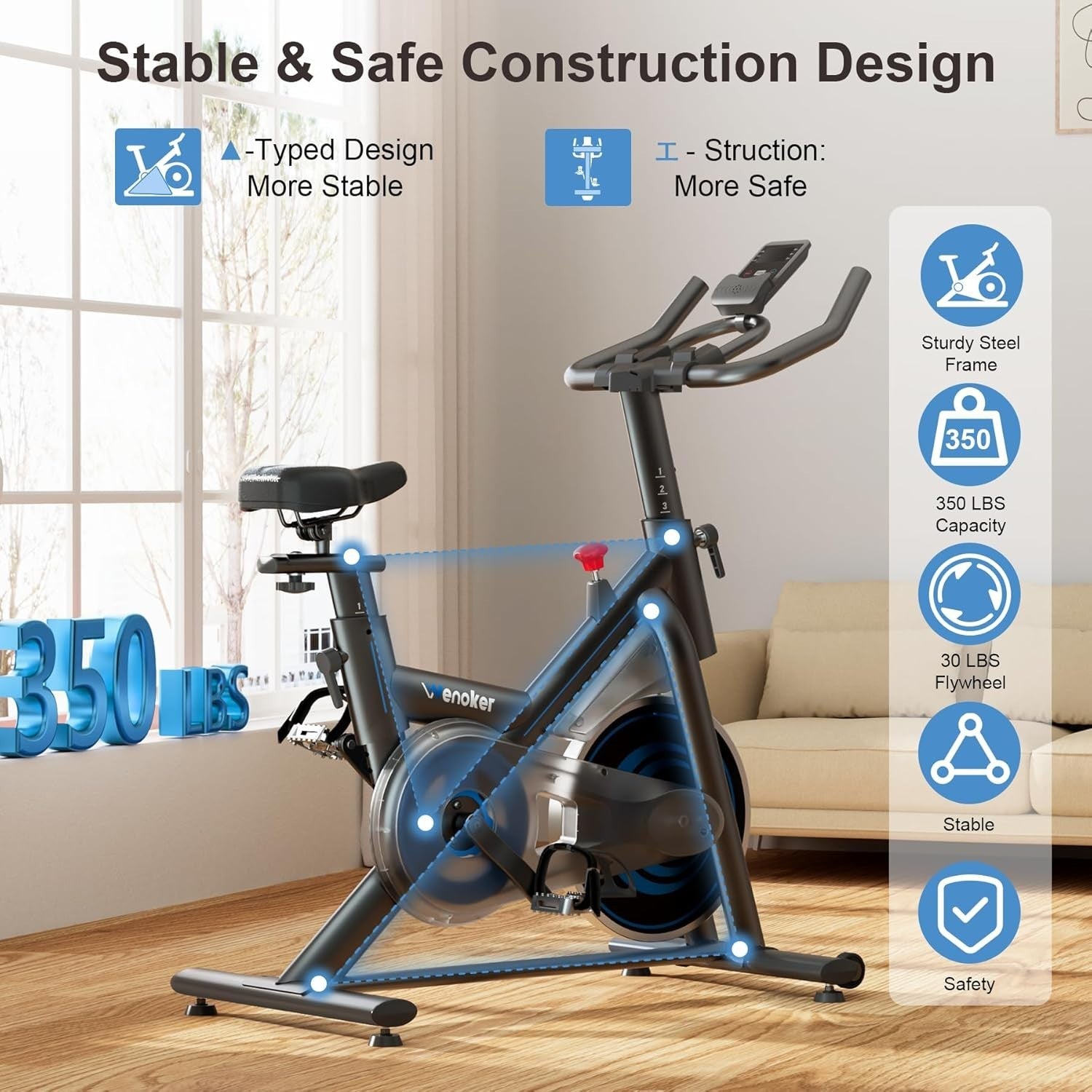 Magnetic Indoor Spin Bike w/ APP Sync, LCD Monitor, Silent Belt Drive 350lb Cap - Kwikley