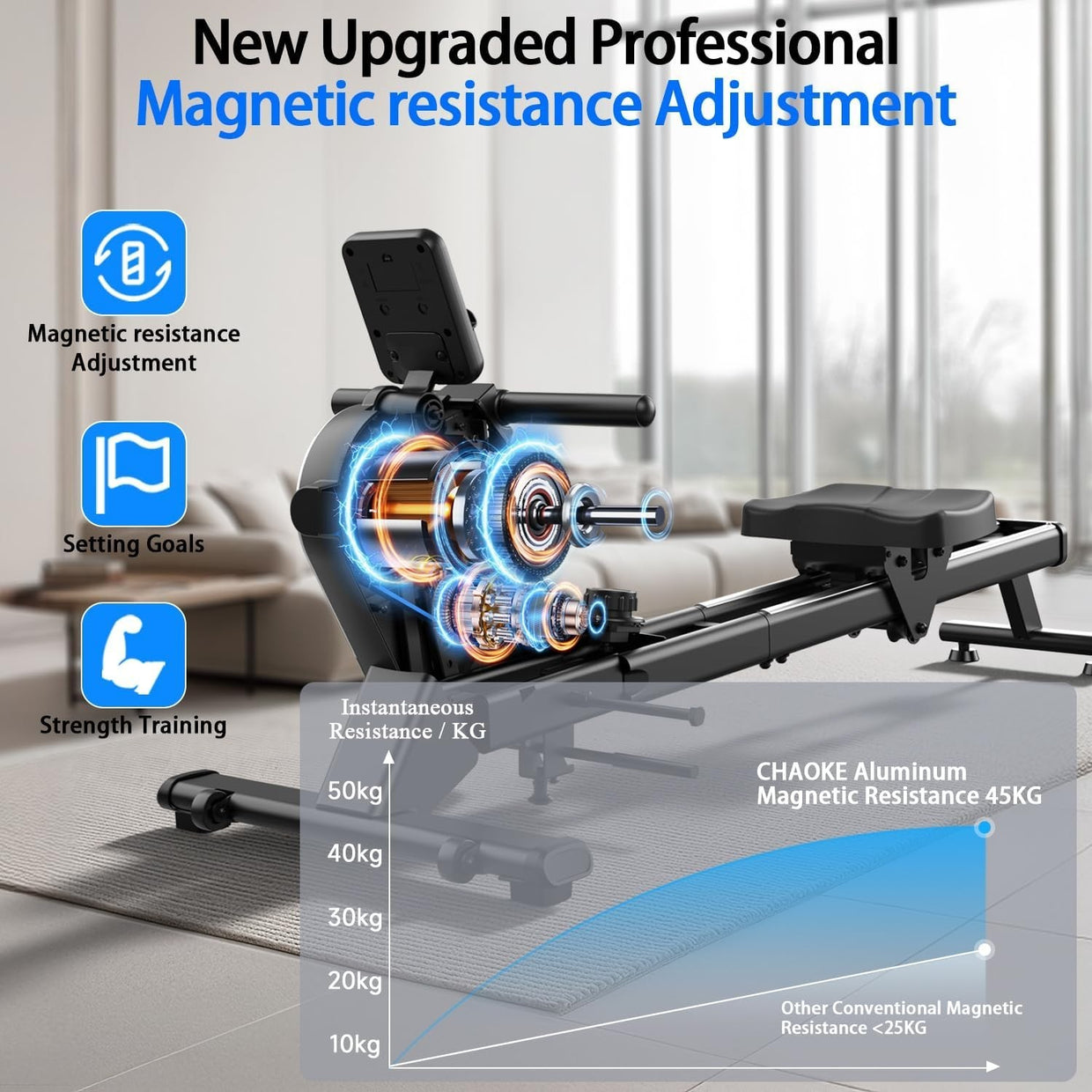Magnetic Rowing Machine 16 - Level Quiet Dual Rail Foldable Home Rower 160kg - Kwikley
