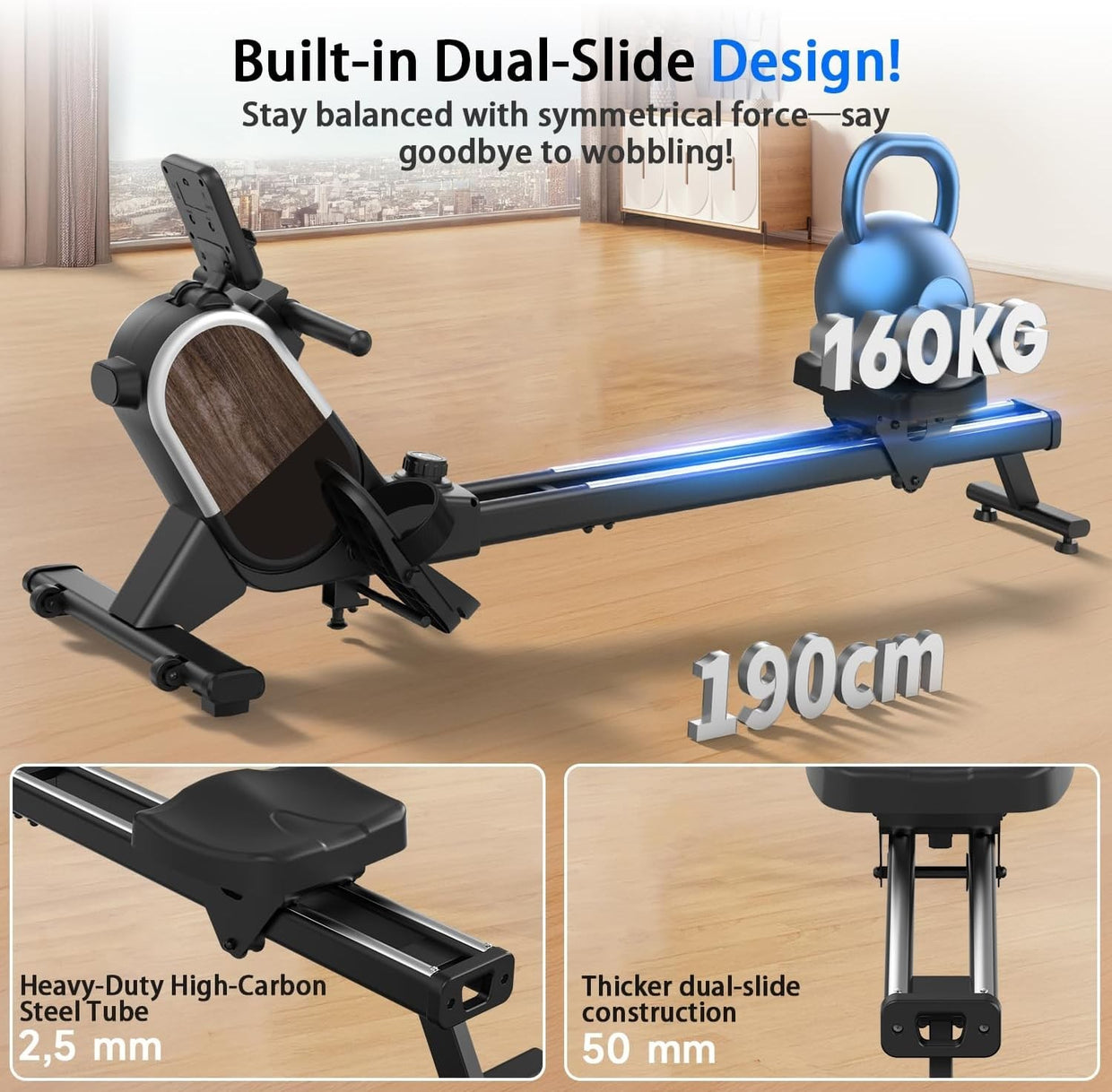 Magnetic Rowing Machine 16 - Level Quiet Dual Rail Foldable Home Rower 160kg - Kwikley