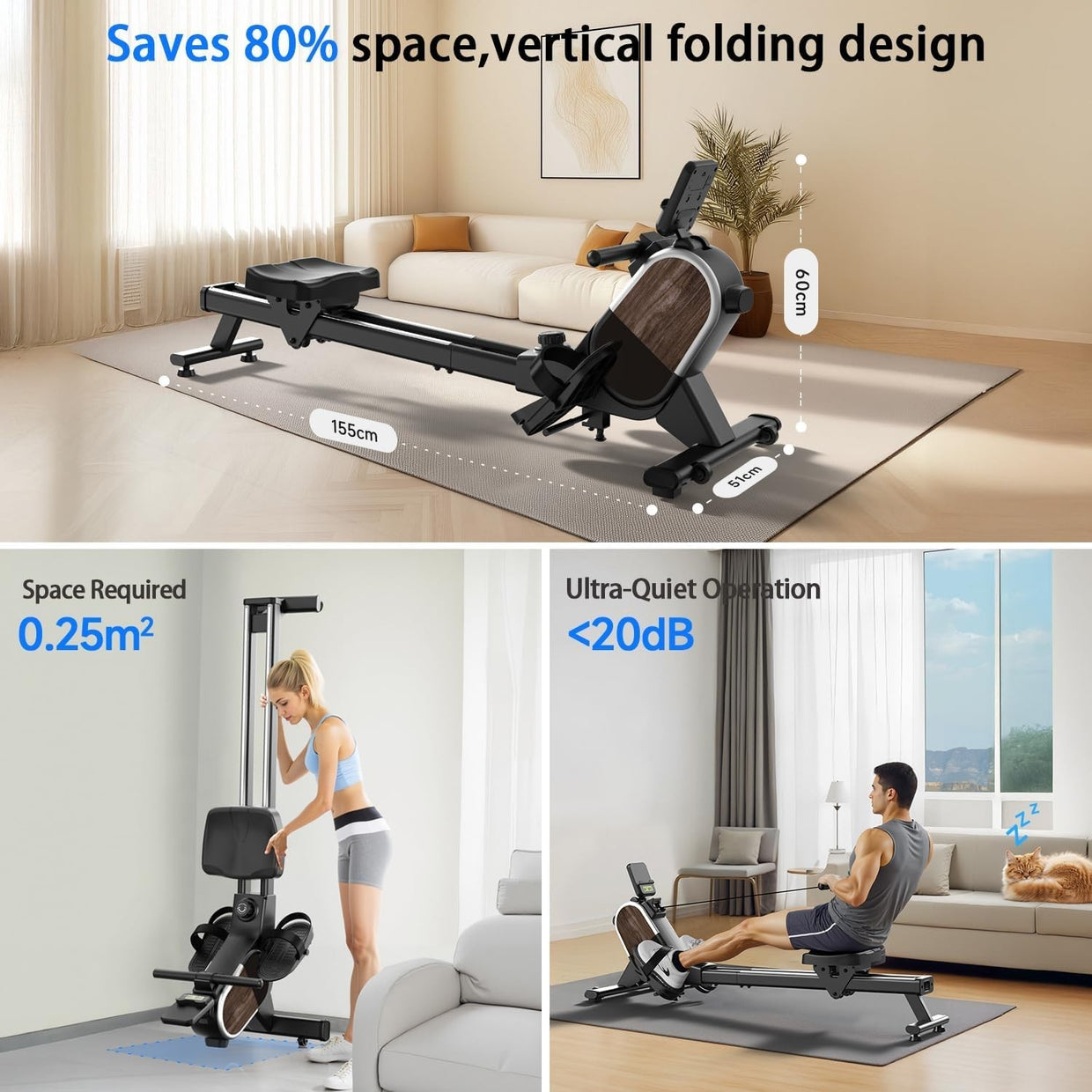 Magnetic Rowing Machine 16 - Level Quiet Dual Rail Foldable Home Rower 160kg - Kwikley