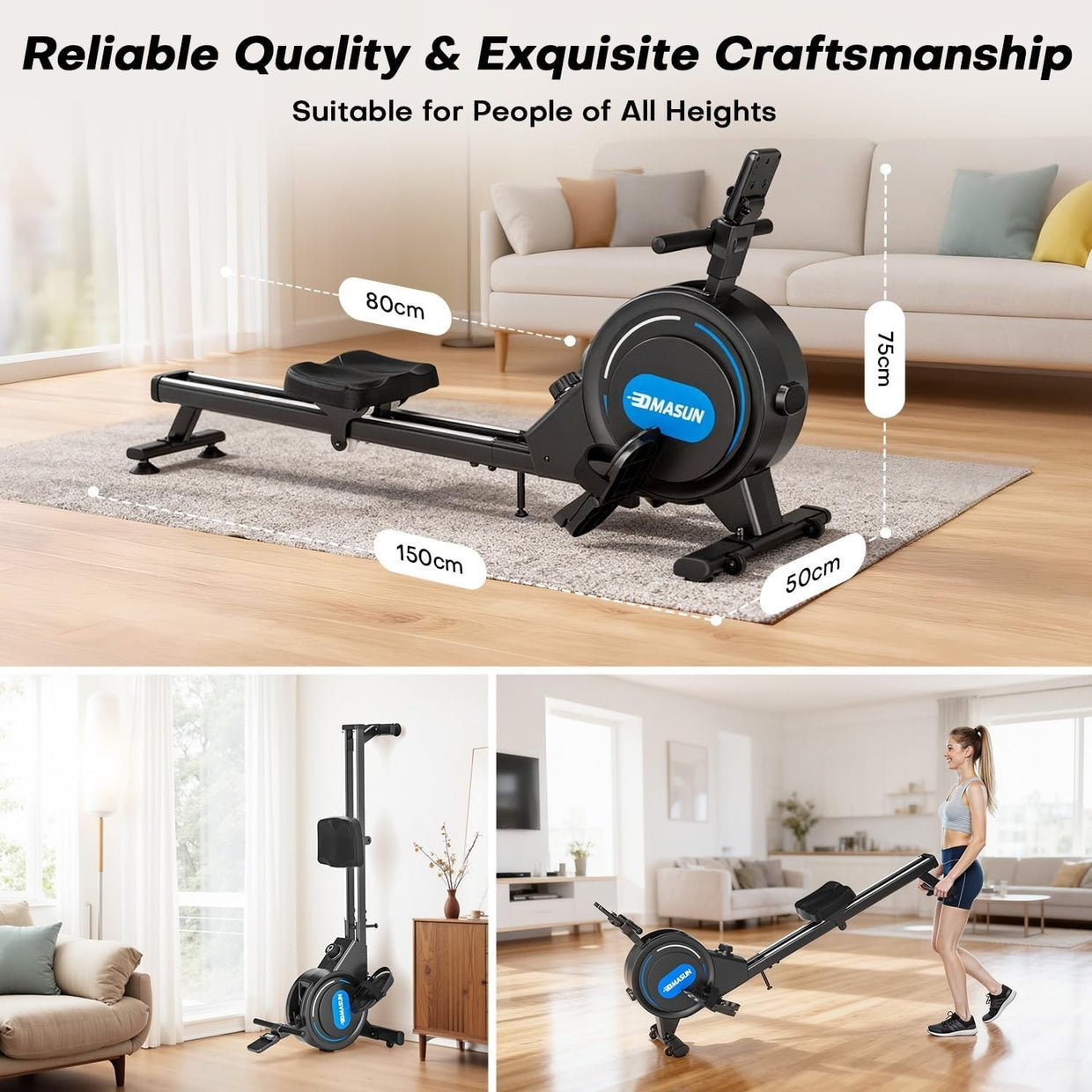 Magnetic Rowing Machine 16 - Level Quiet Dual Rail Foldable Rower 350lb Home Gym - Kwikley