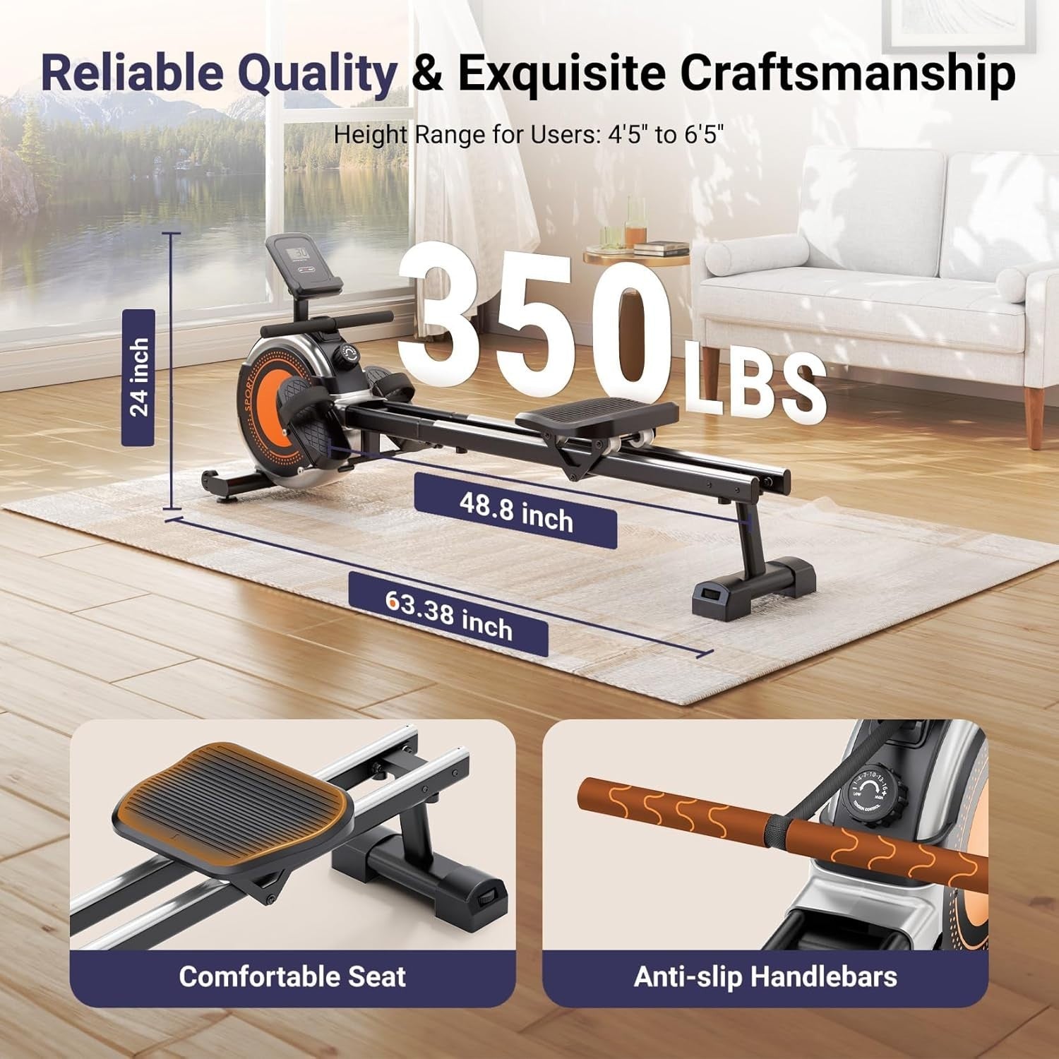 Magnetic Rowing Machine 16 - Level Quiet Resistance Bluetooth LCD Dual Rail 350LB - Kwikley