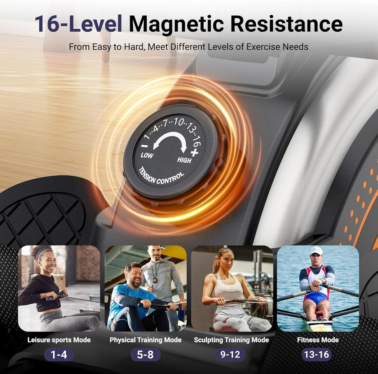 Magnetic Rowing Machine 16 - Level Quiet Resistance Bluetooth LCD Dual Rail 350LB - Kwikley