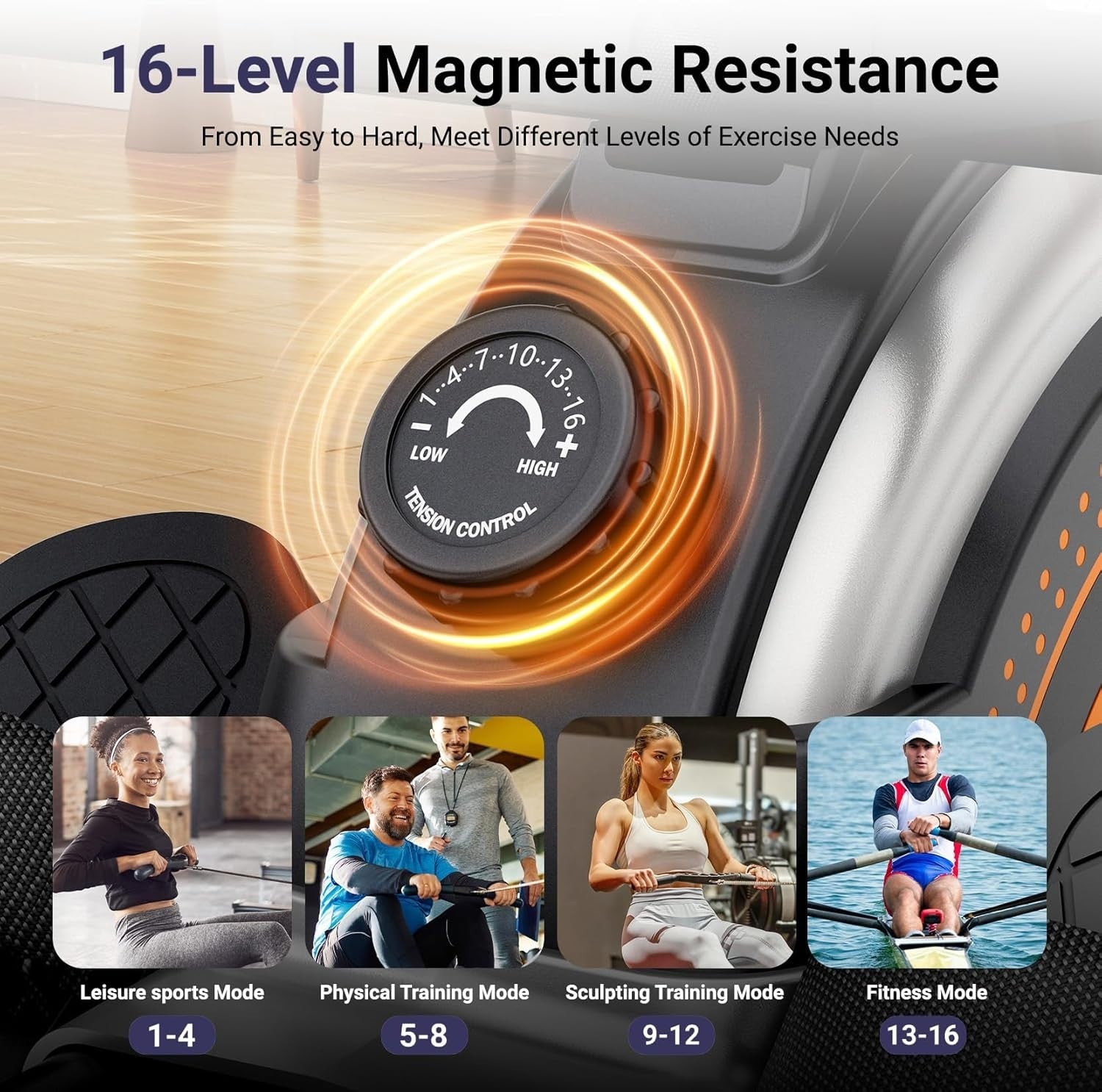 Magnetic Rowing Machine 16 - Level Quiet Resistance Bluetooth LCD Dual Rail 350LB - Kwikley