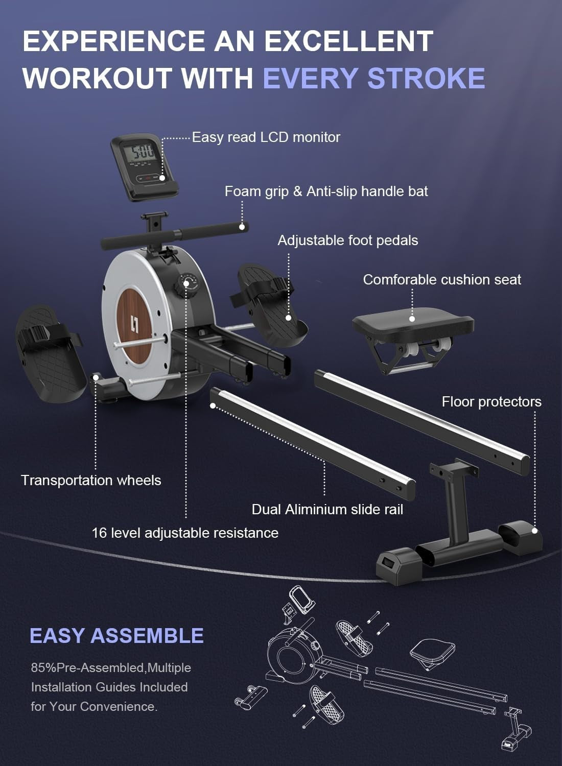 Magnetic Rowing Machine 16 - Level Resistance Dual Rail LCD Compact Home Rower - Kwikley
