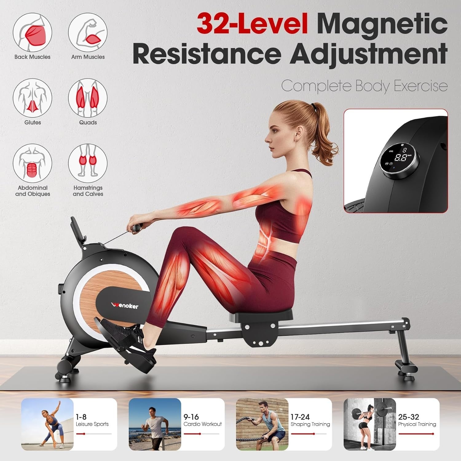 Magnetic Rowing Machine 32 - Level Bluetooth LCD Quiet Foldable Home Gym Rower - Kwikley
