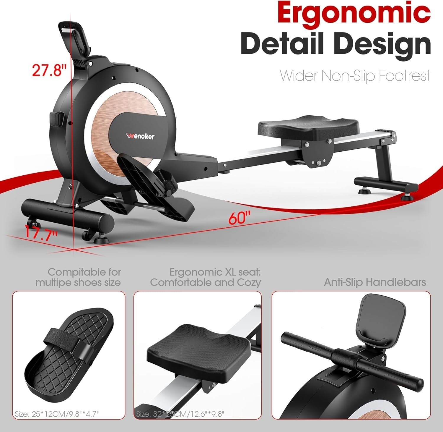 Magnetic Rowing Machine 32 - Level Bluetooth LCD Quiet Foldable Home Gym Rower - Kwikley