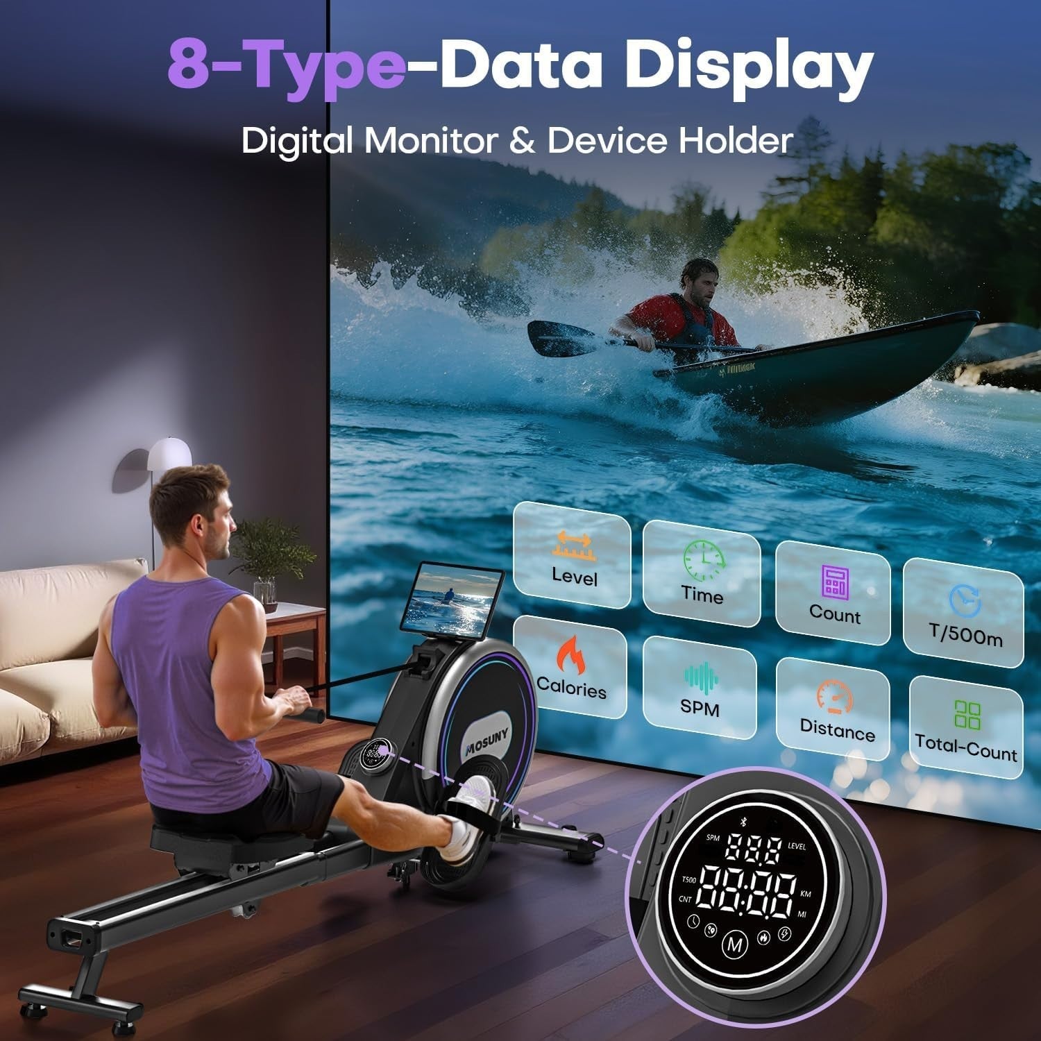 Magnetic Rowing Machine 32 - Level Quiet Dual Rail Touchscreen App Home 350LB - Kwikley
