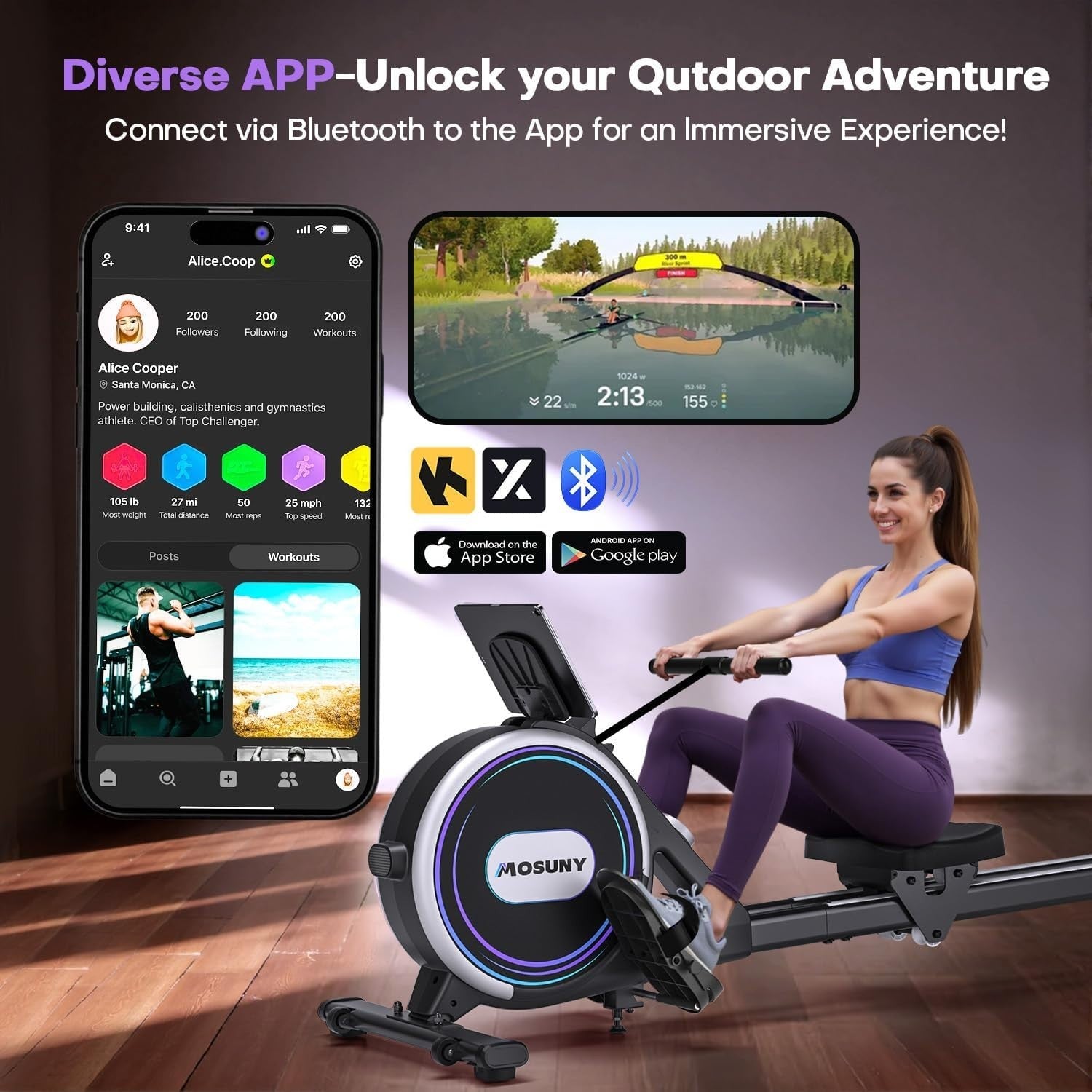 Magnetic Rowing Machine 32 - Level Quiet Dual Rail Touchscreen App Home 350LB - Kwikley