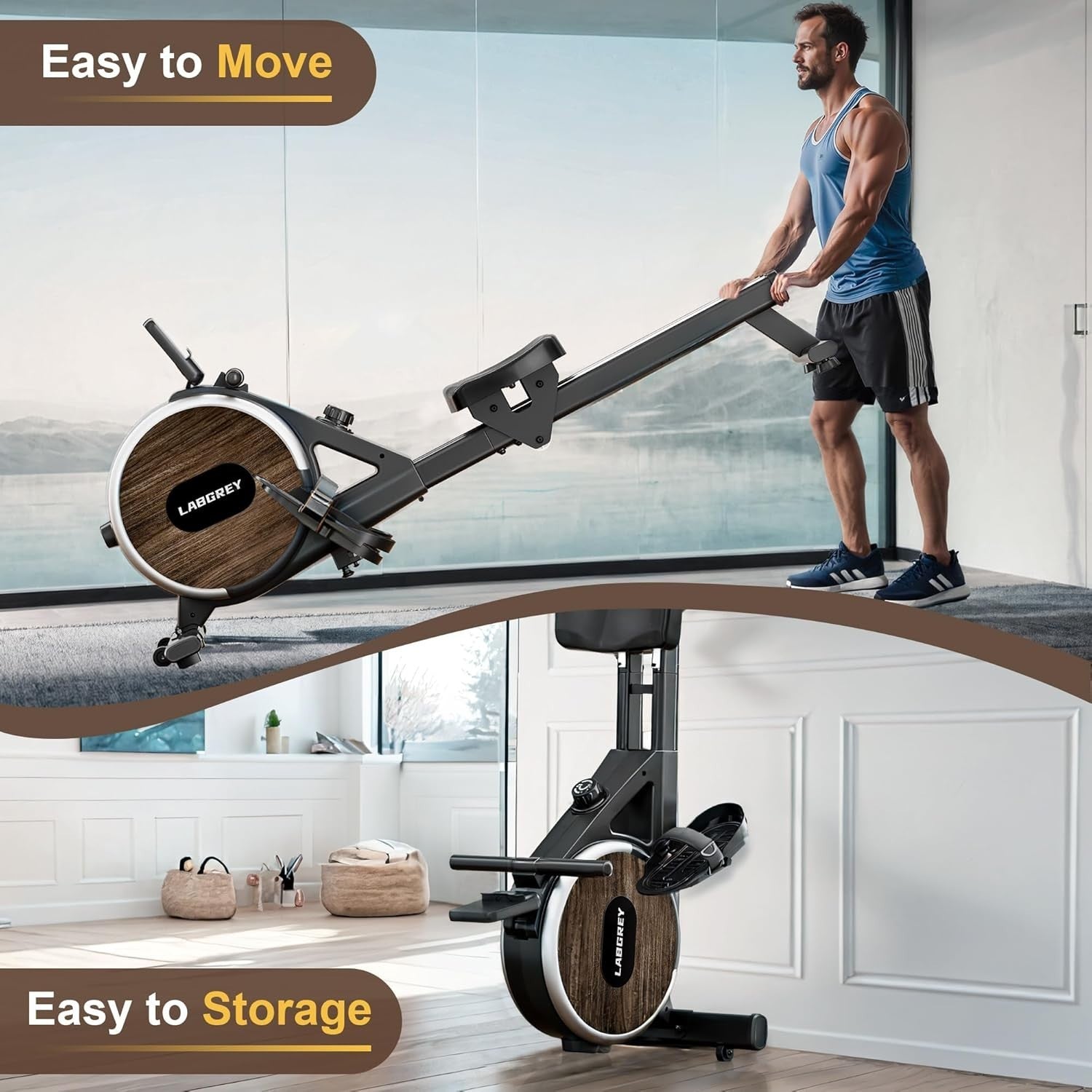 Magnetic Rowing Machine Bluetooth Quiet Dual Rail Foldable 350LB Home Fitness - Kwikley