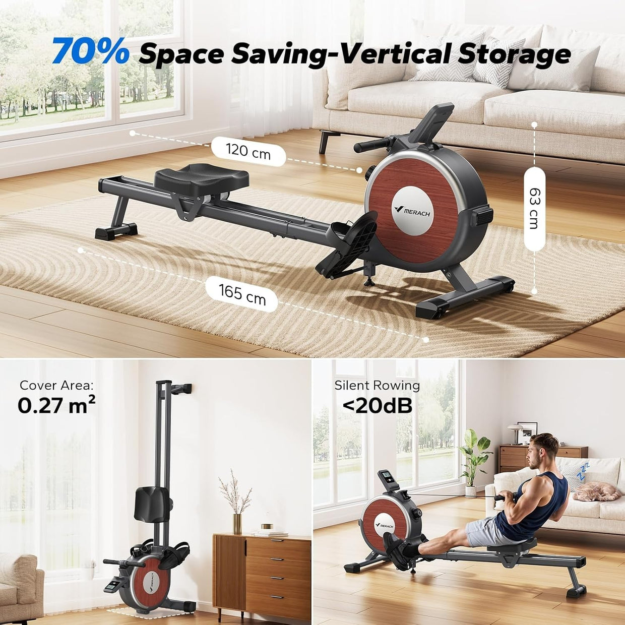Magnetic Rowing Machine Dual Rail Quiet 16 - Level Resistance App Smart Rower - Kwikley