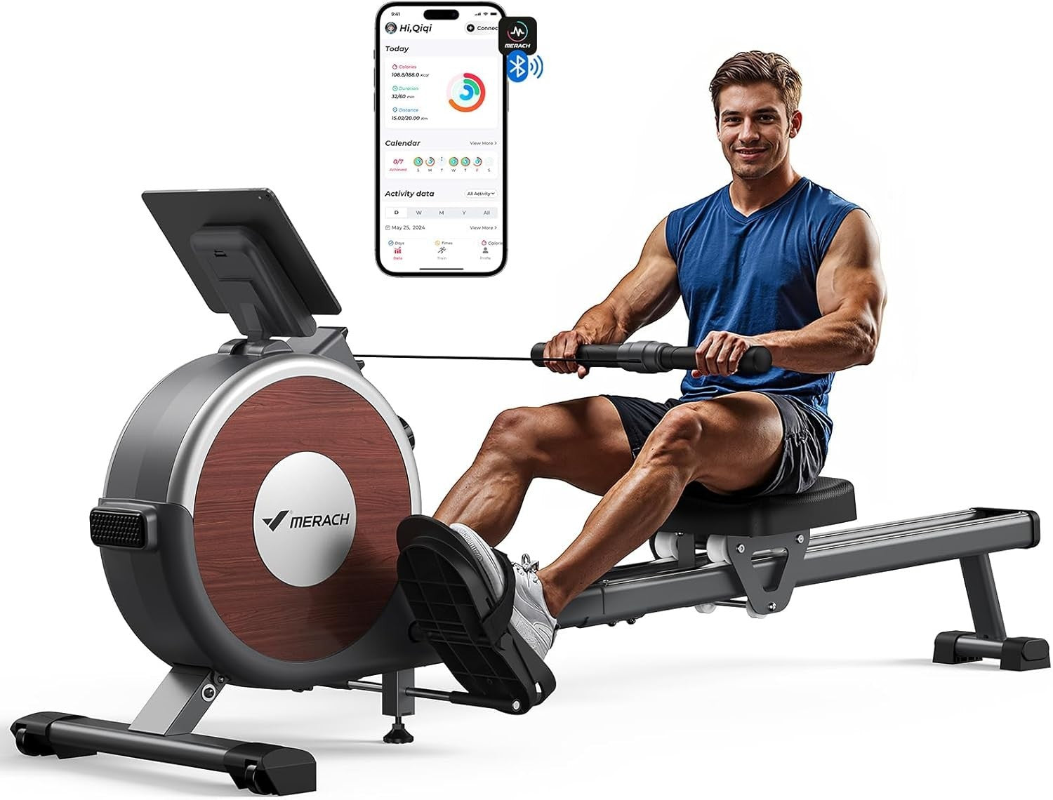 Magnetic Rowing Machine Dual Rail Quiet 16 - Level Resistance App Smart Rower - Kwikley