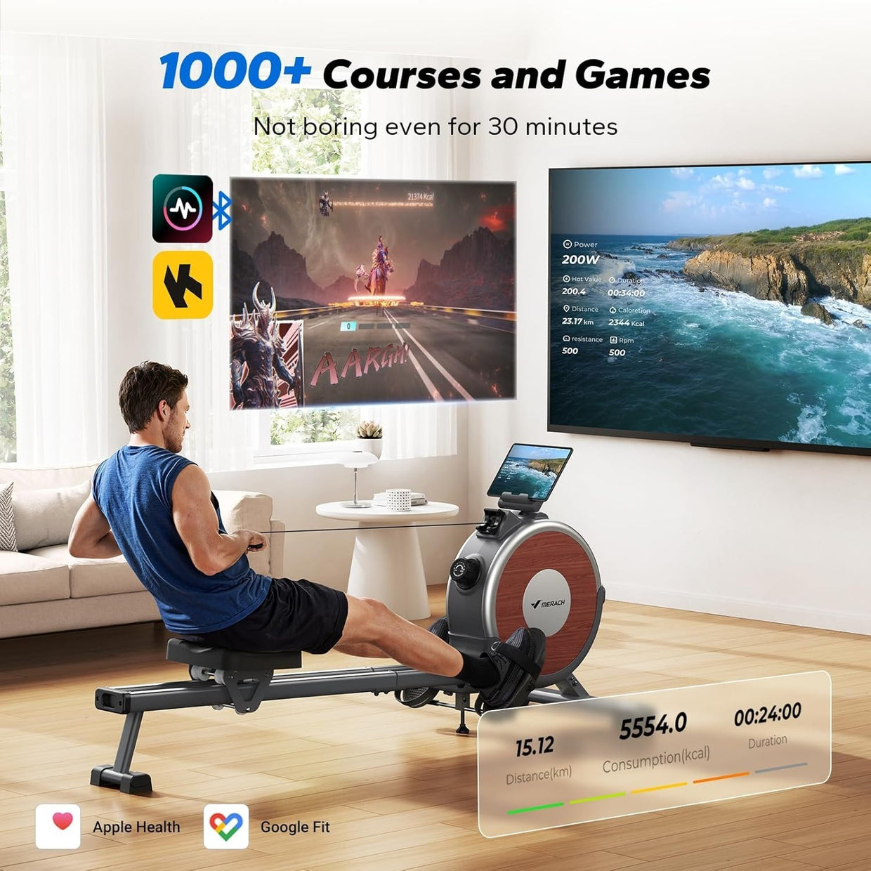 Magnetic Rowing Machine Dual Rail Quiet 16 - Level Resistance App Smart Rower - Kwikley